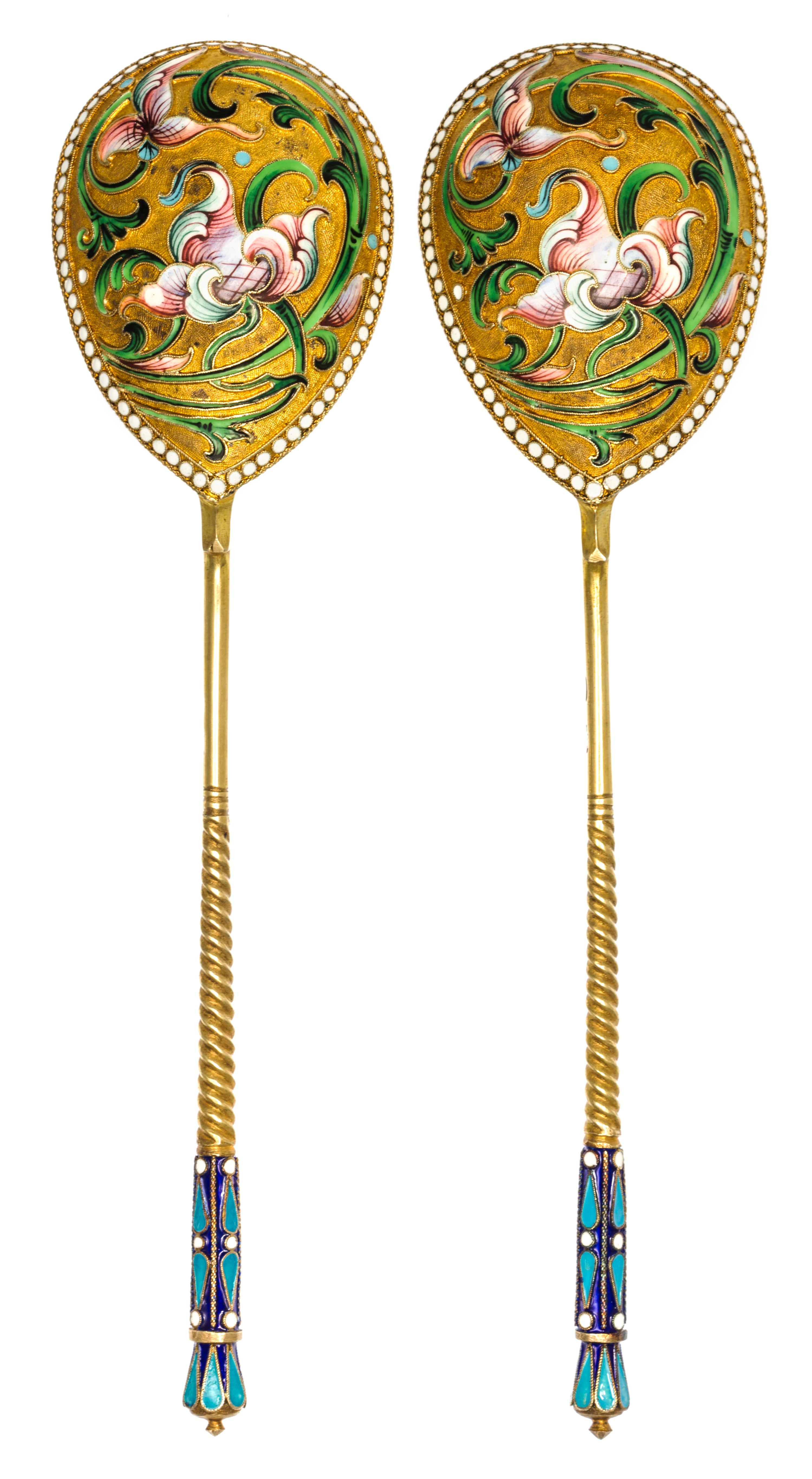A Pair of Russian Silver-Gilt and Enamel Serving Spoons, Mark of Vasiili Agafonov, kokoshnik mark of Ivan Lebedkin, Moscow, late 19th/e