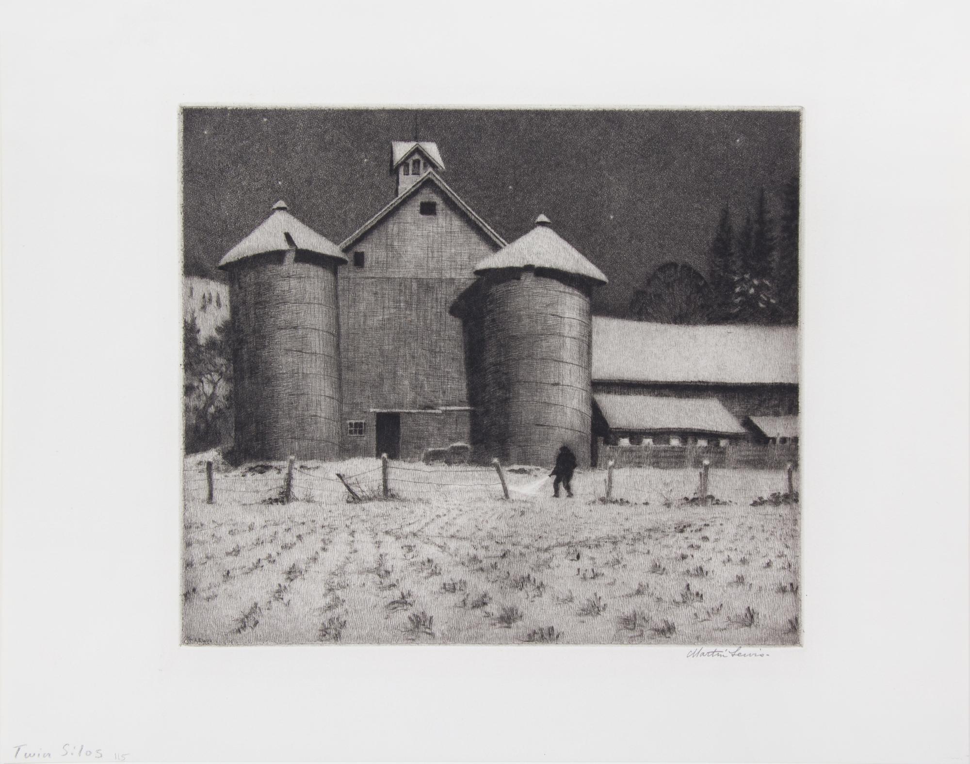 Martin Lewis, (American, 1881-1962), Twin Silos, 1936