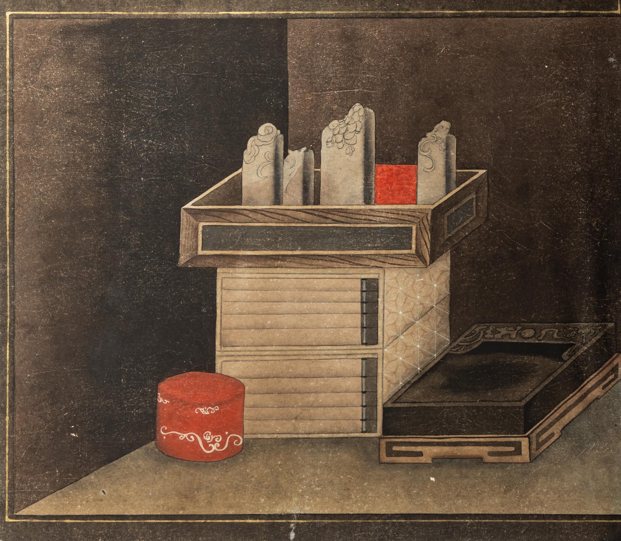 Attributed to Lee Taek-Gyun (Korean, 1808-after 1883) 李宅均（款） （朝鮮王朝，1808-1883以后） 《冊架圖》四扇屏