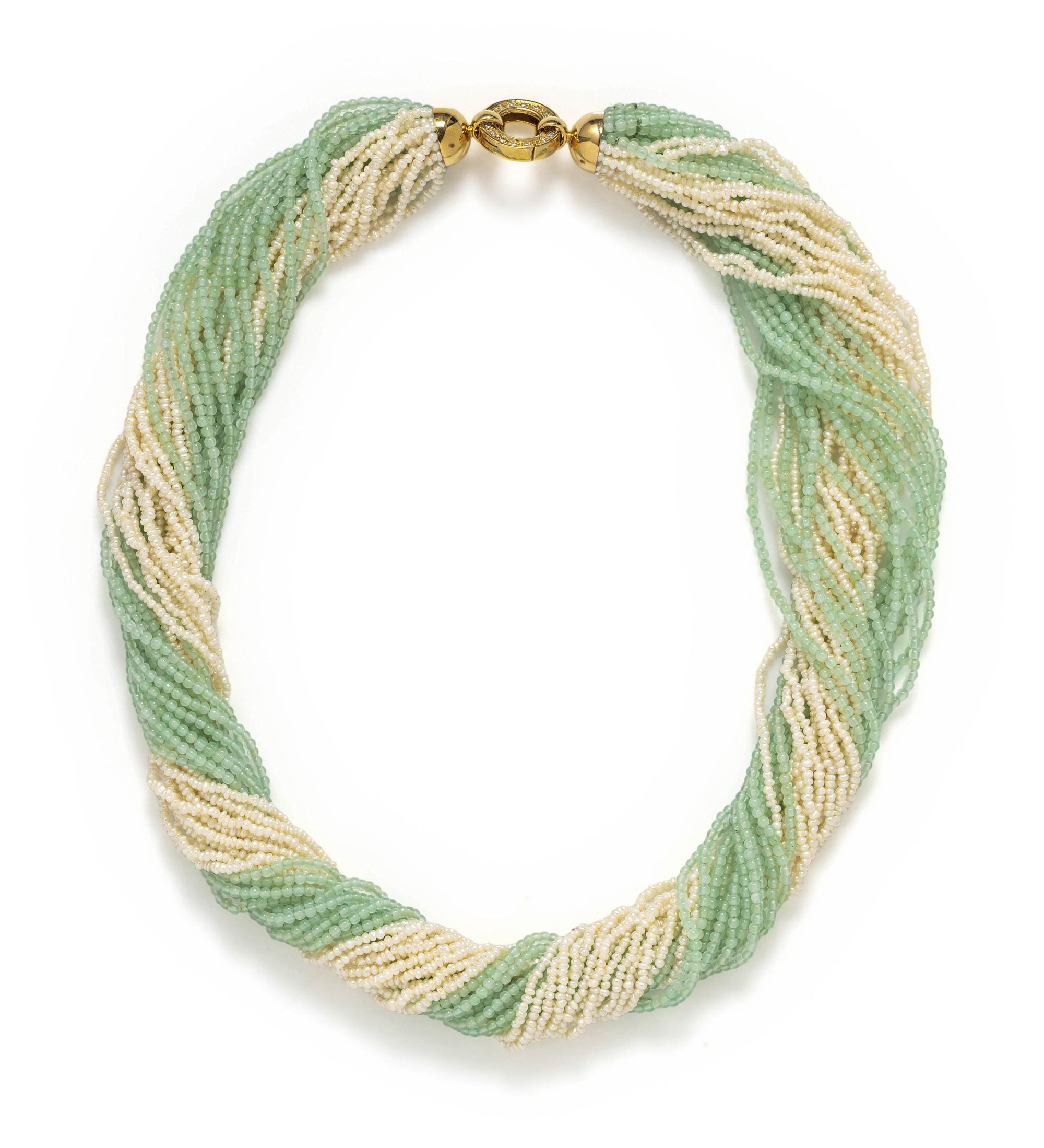 CULTURED SEED PEARL AND GREEN BEAD TORSADE NECKLACE