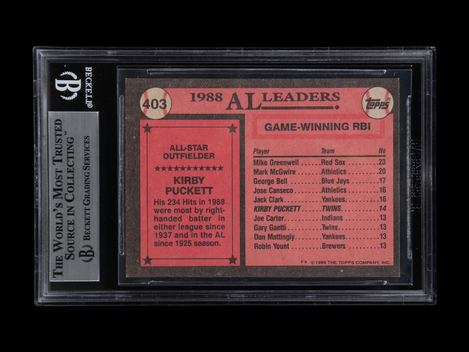A 1989 Topps Kirby Puckett Signed Autograph Baseball Card No. 403 (Beckett Authentication Services BAS Certified)