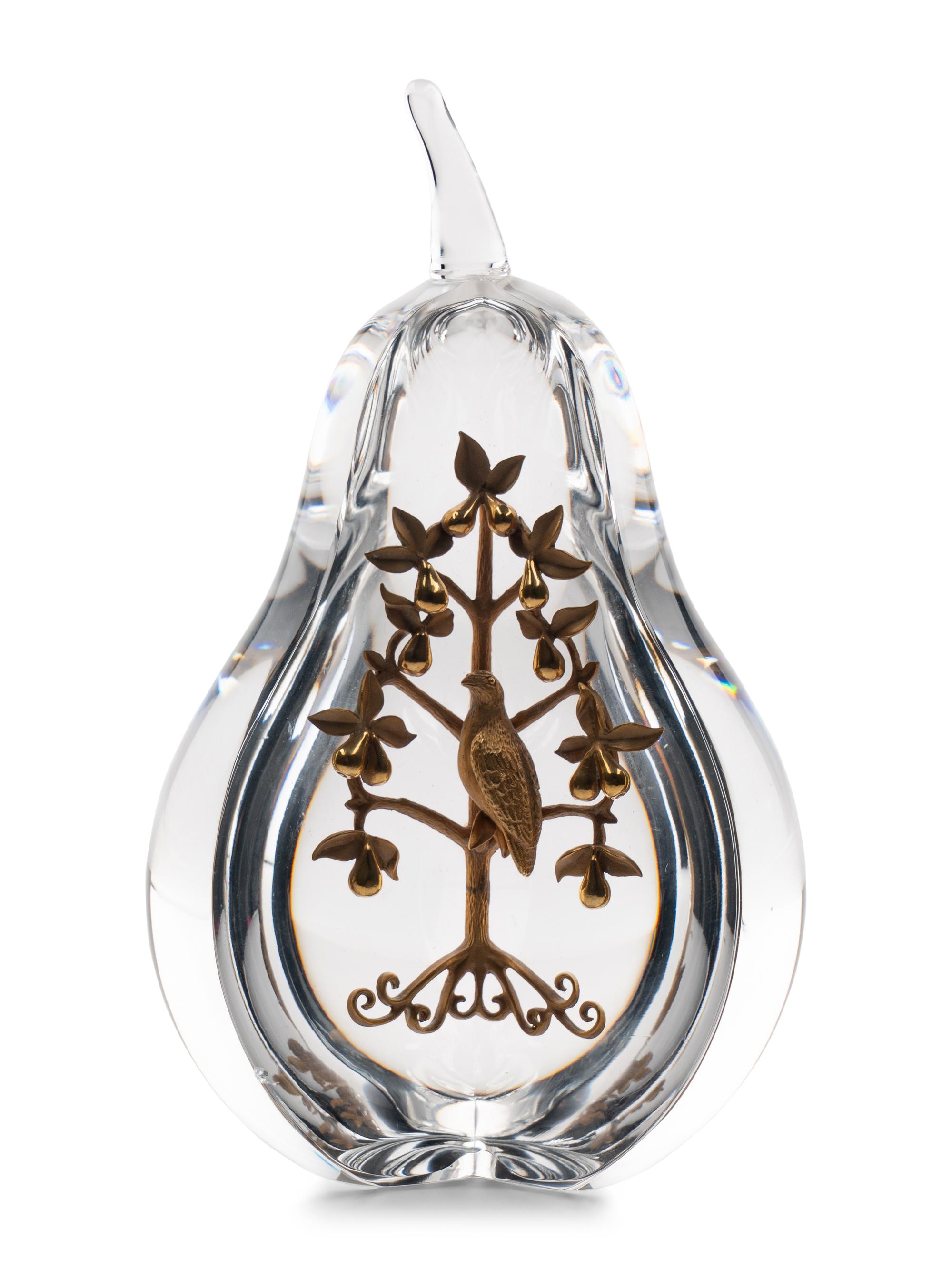 A Steuben Glass and 18 Karat Gold Partridge in a Pear Tree Sculpture