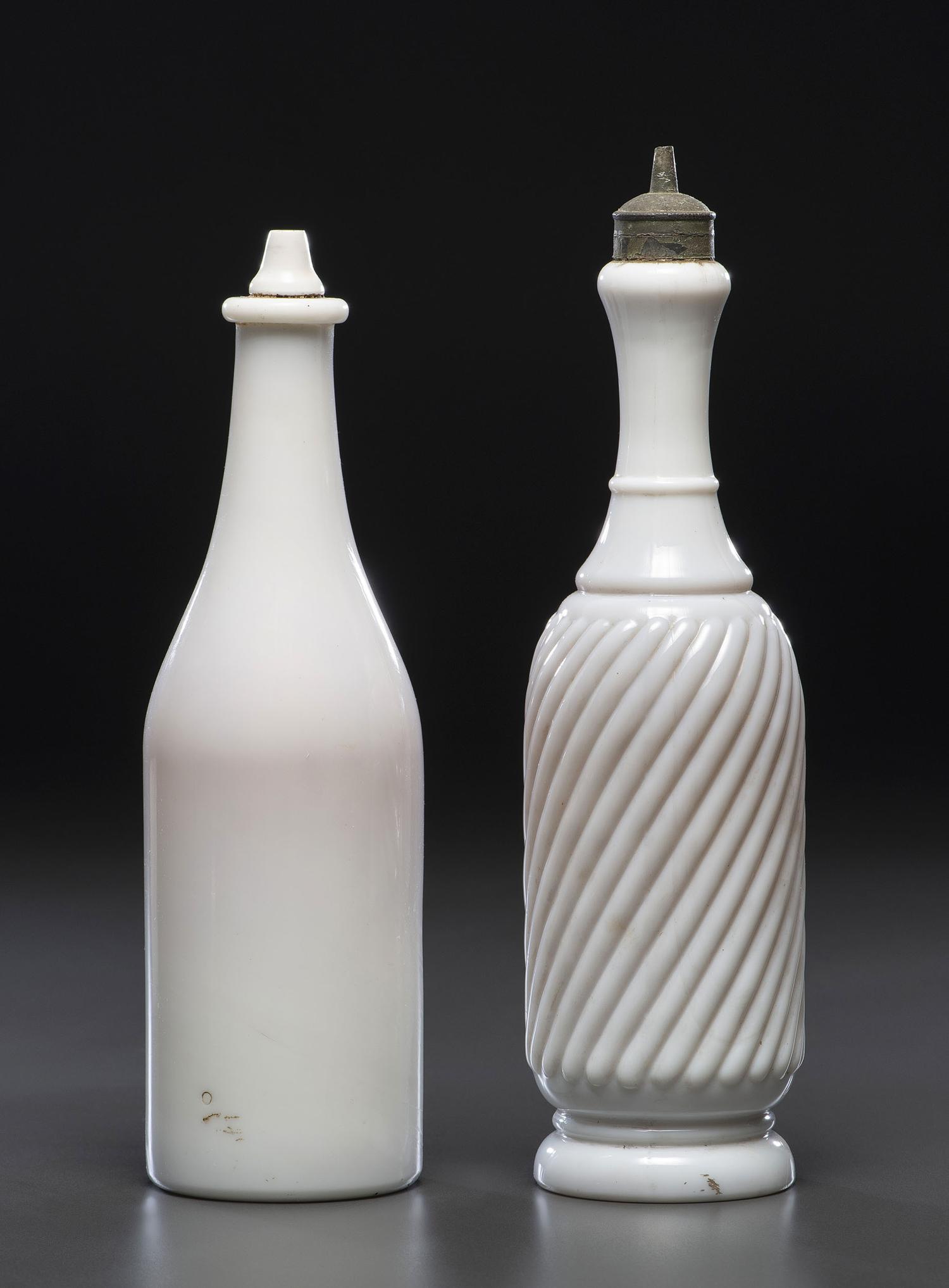 Two 'Label Under Glass' Personalized Milk Glass Barber Bottles