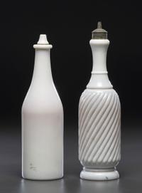 Two 'Label Under Glass' Personalized Milk Glass Barber Bottles