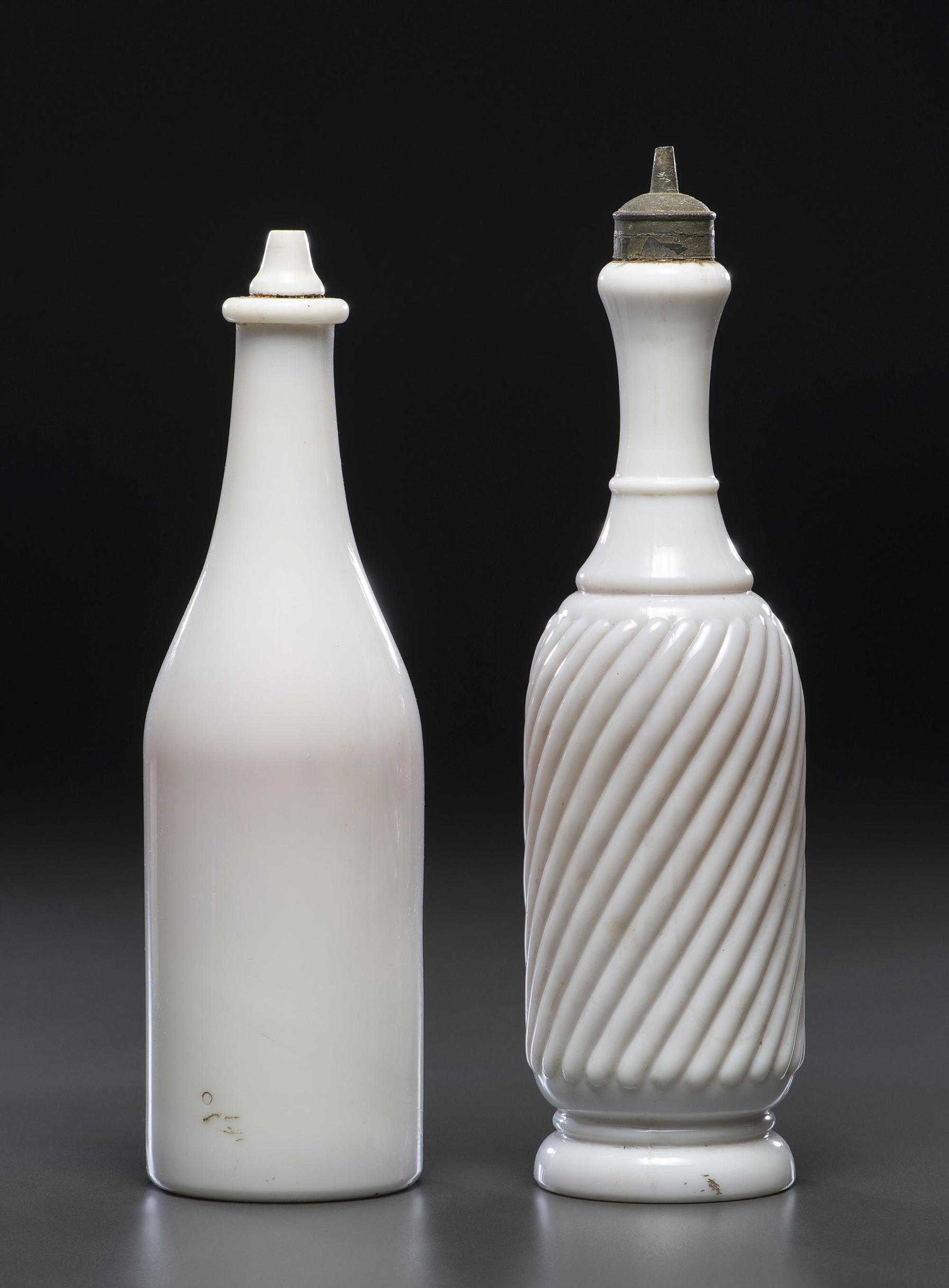 Two 'Label Under Glass' Personalized Milk Glass Barber Bottles