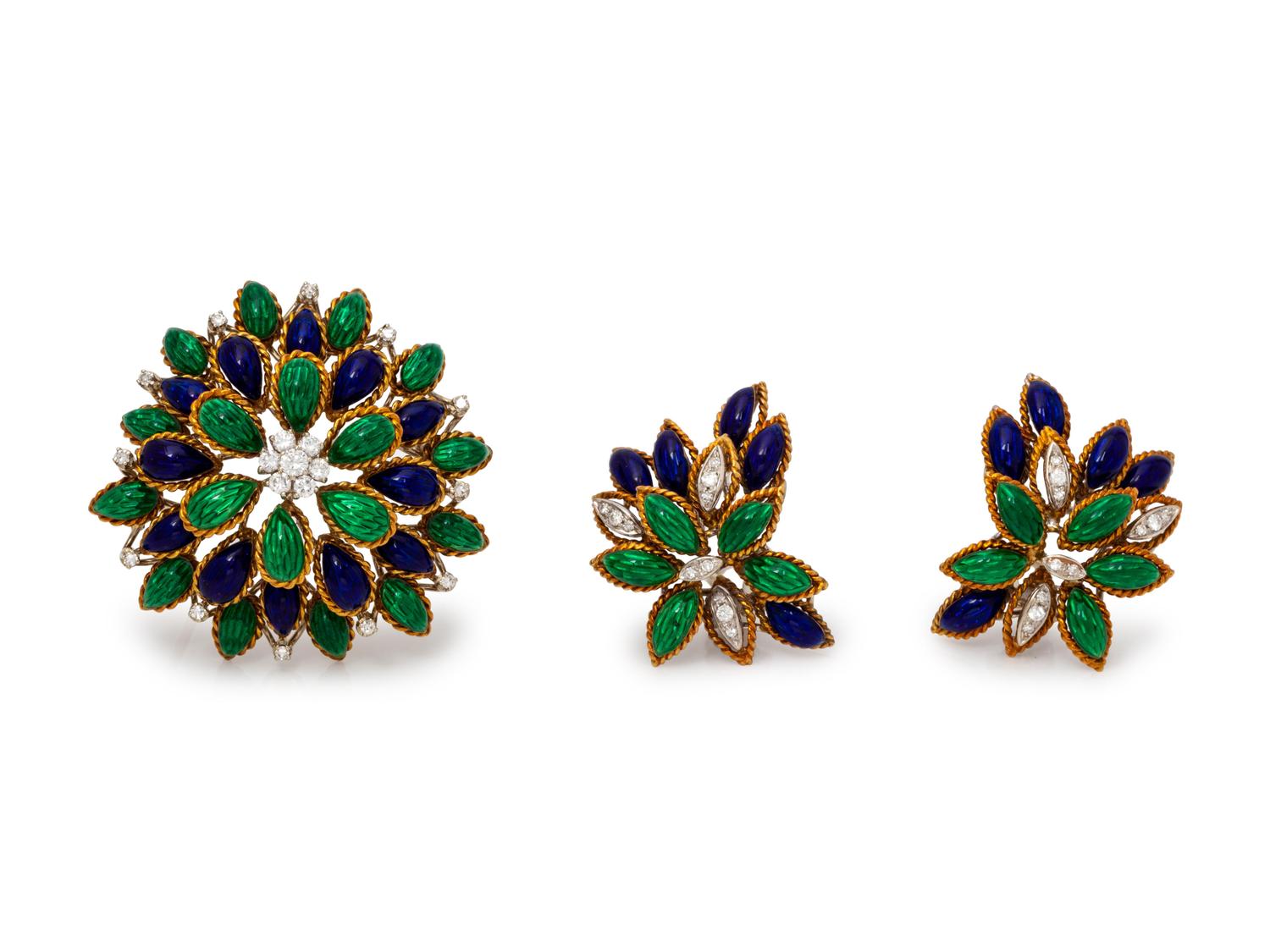 A Yellow Gold, Diamond and Polychrome Enamel Demi-Parure,