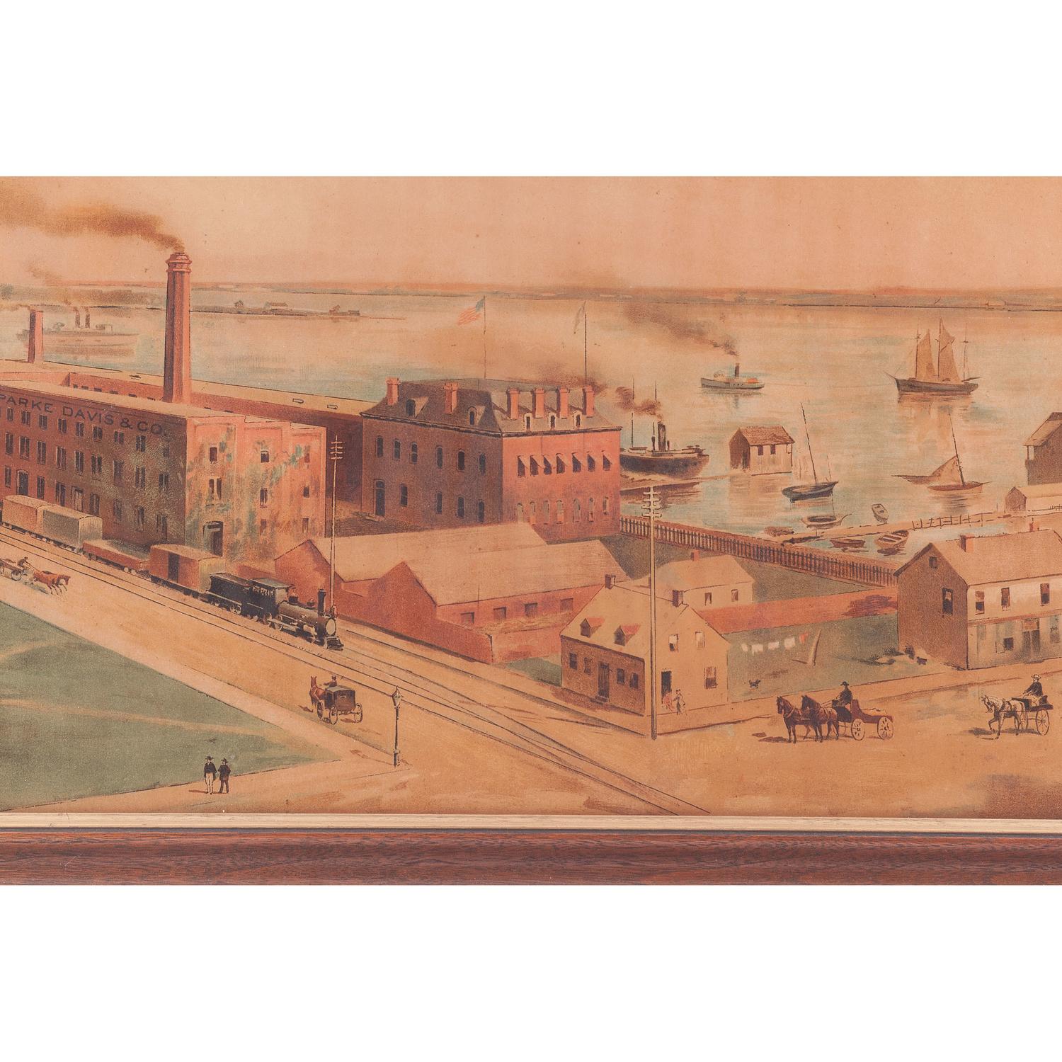 Bird's Eye View of Detroit Factory Parke Davis & Co. Lithograph