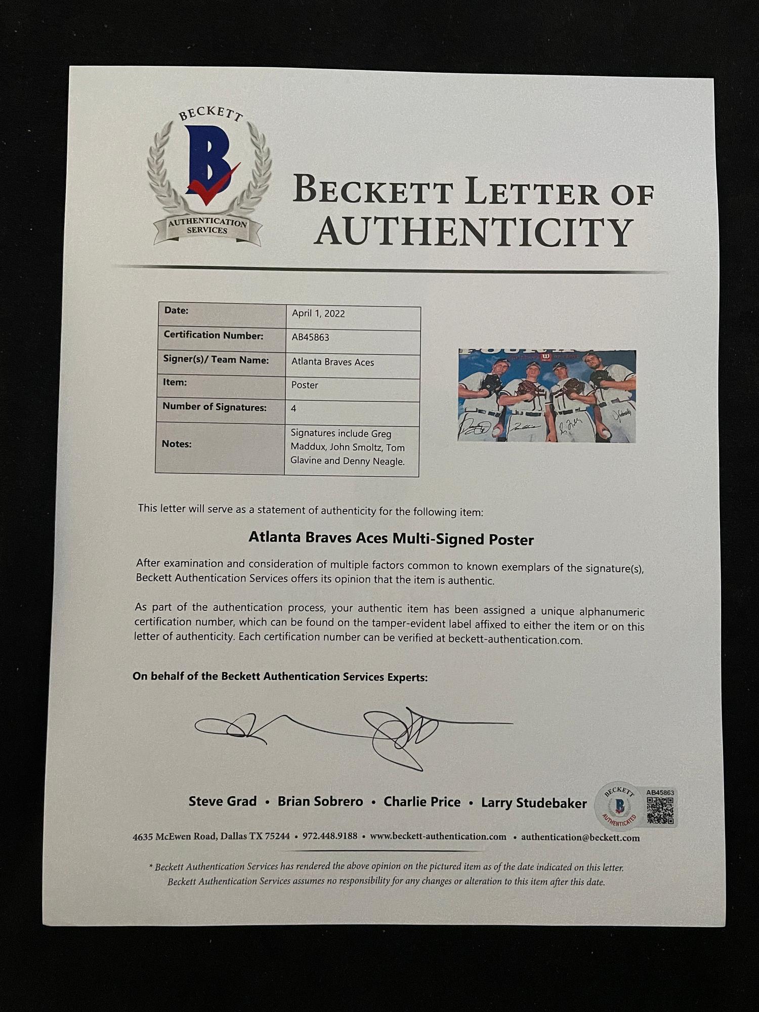 An Atlanta Braves Four Aces Wilson Sporting Goods Signed Autograph Poster Featuring Tom Glavine, Greg Maddux, John Smoltz and Denny Neagle (Beckett Authentication Services Letter),