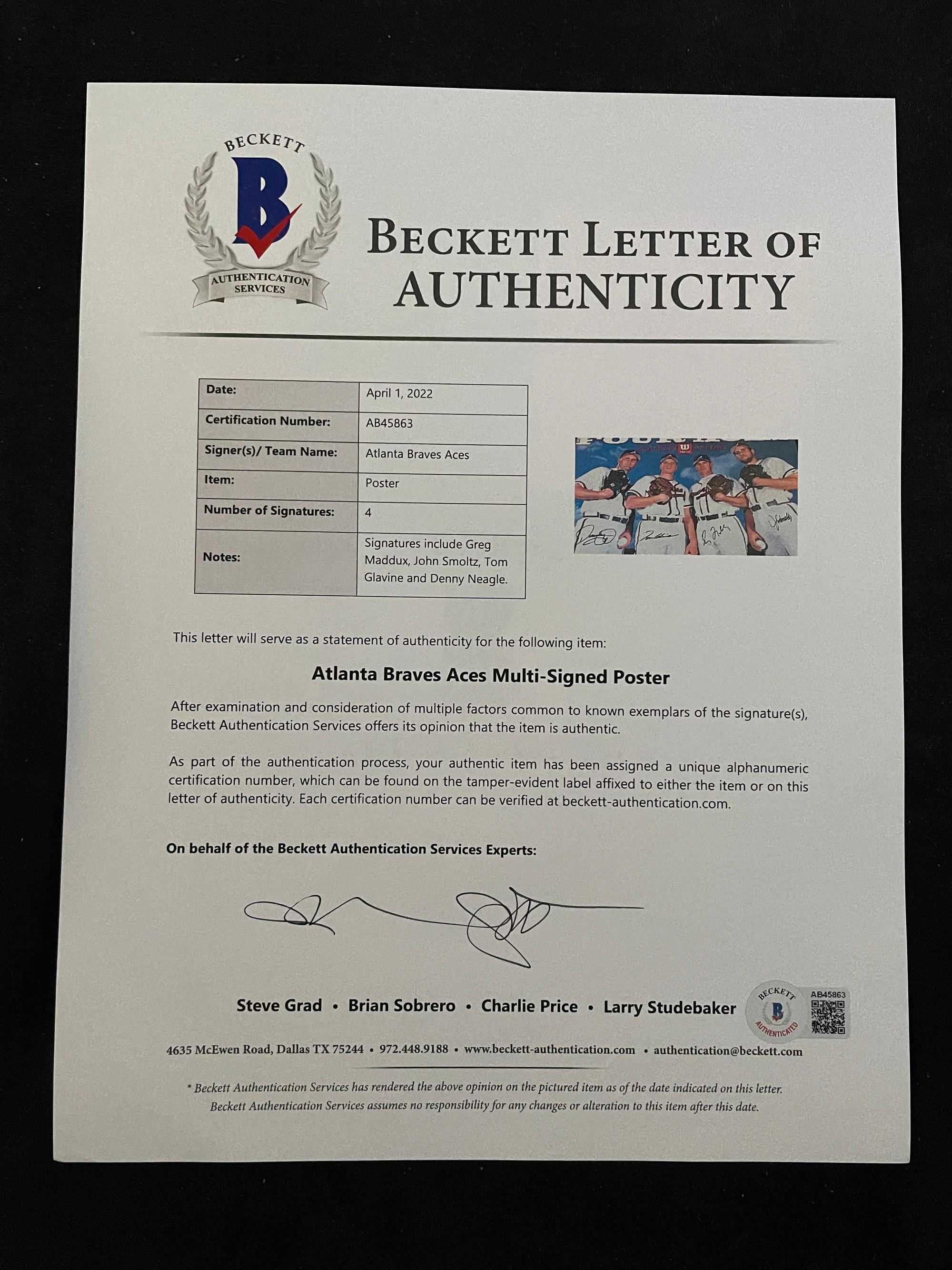 An Atlanta Braves Four Aces Wilson Sporting Goods Signed Autograph Poster Featuring Tom Glavine, Greg Maddux, John Smoltz and Denny Neagle (Beckett Authentication Services Letter),