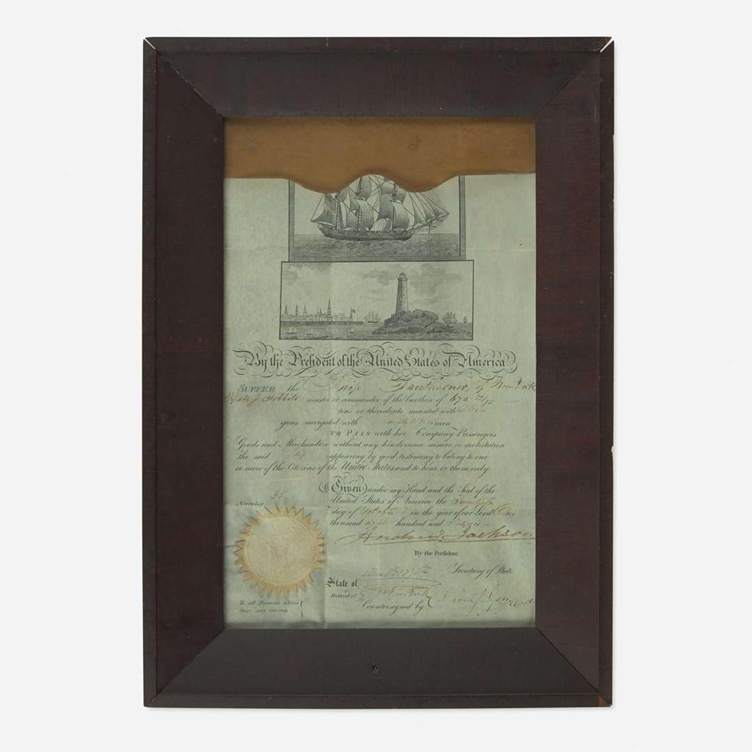 Chinese School 19th century Portrait of the Ship "Southerner", circa 1835, together with Andrew Jackson Signed Ship's Passport