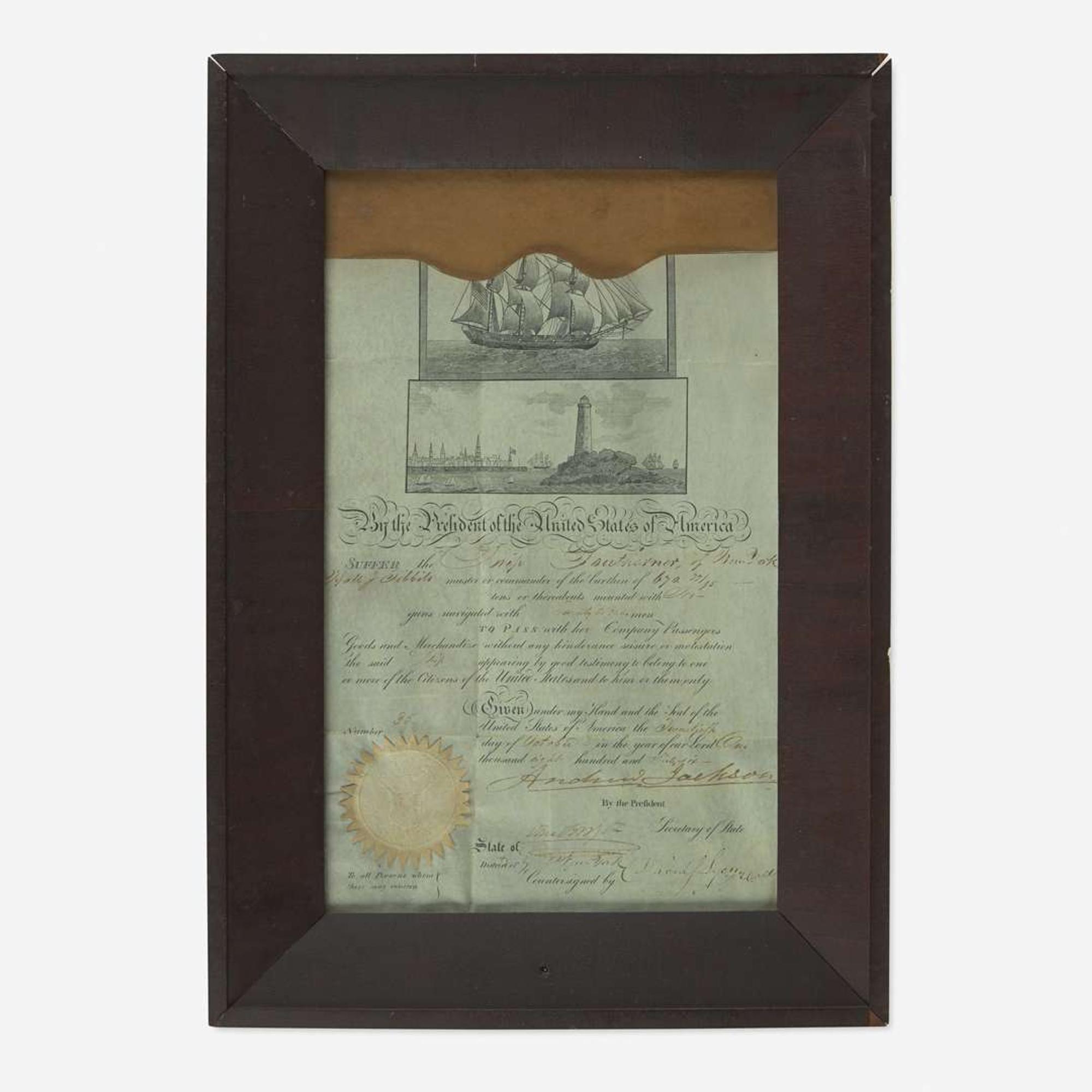 Chinese School 19th century Portrait of the Ship "Southerner", circa 1835, together with Andrew Jackson Signed Ship's Passport