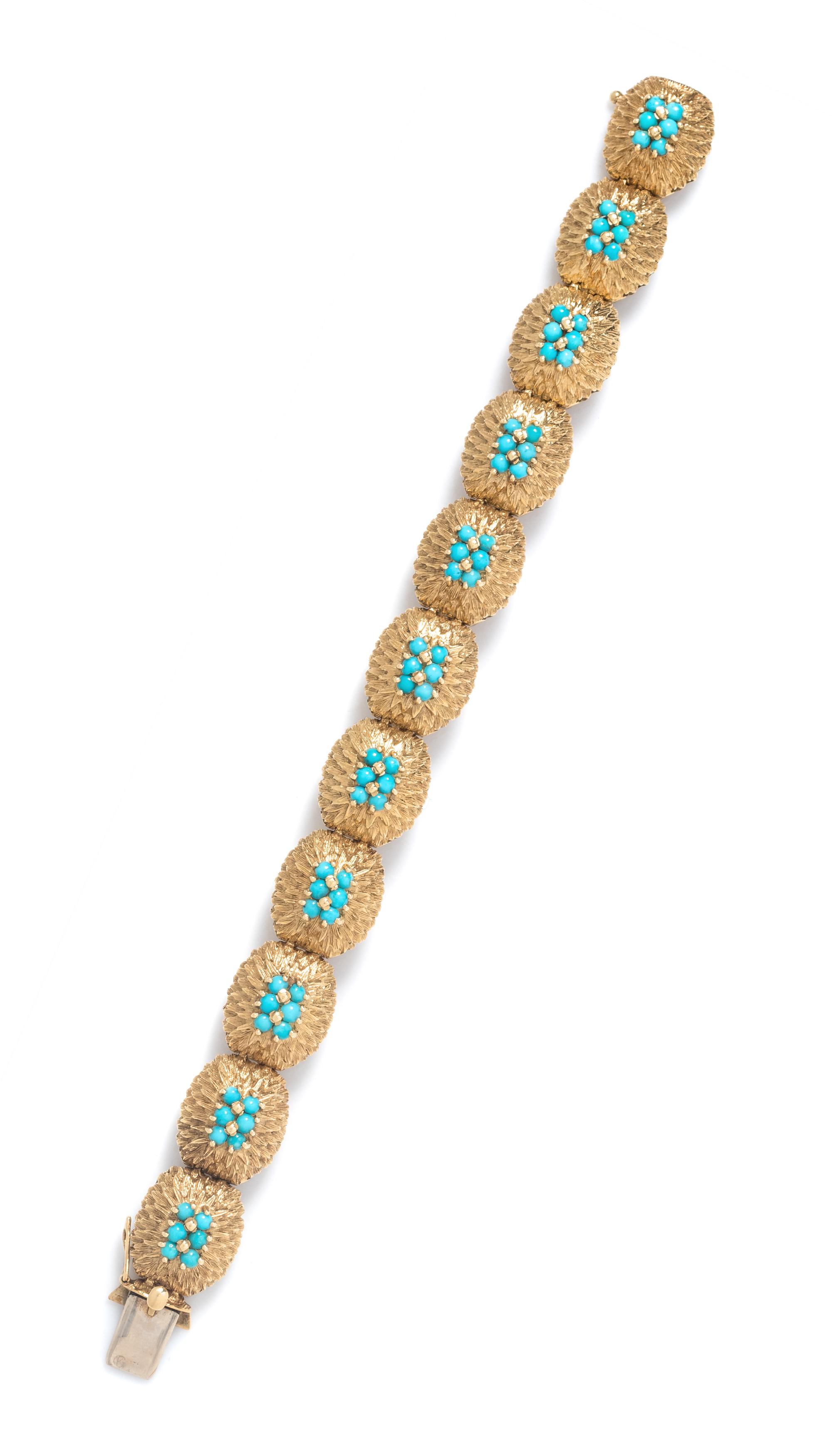 An 18 Karat Yellow Gold and Turquoise Bracelet, Italian,