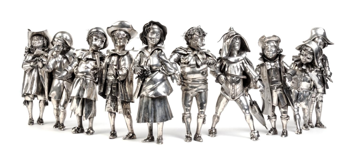 A Set of Ten Italian Silver Commedia Dell' Arte Figures, Mabuti for Gianmaria Buccellati, Circa 1970, depicting nine men and one woman.