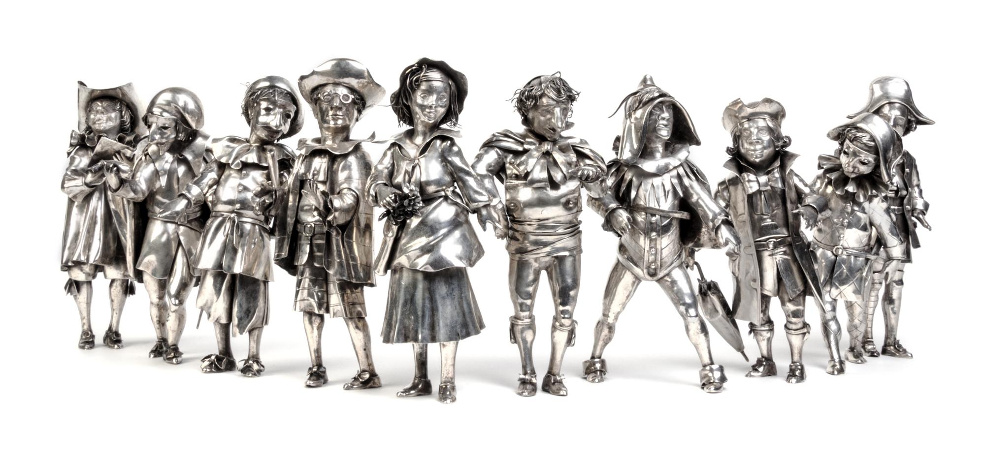 A Set of Ten Italian Silver Commedia Dell' Arte Figures, Mabuti for Gianmaria Buccellati, Circa 1970, depicting nine men and one woman.