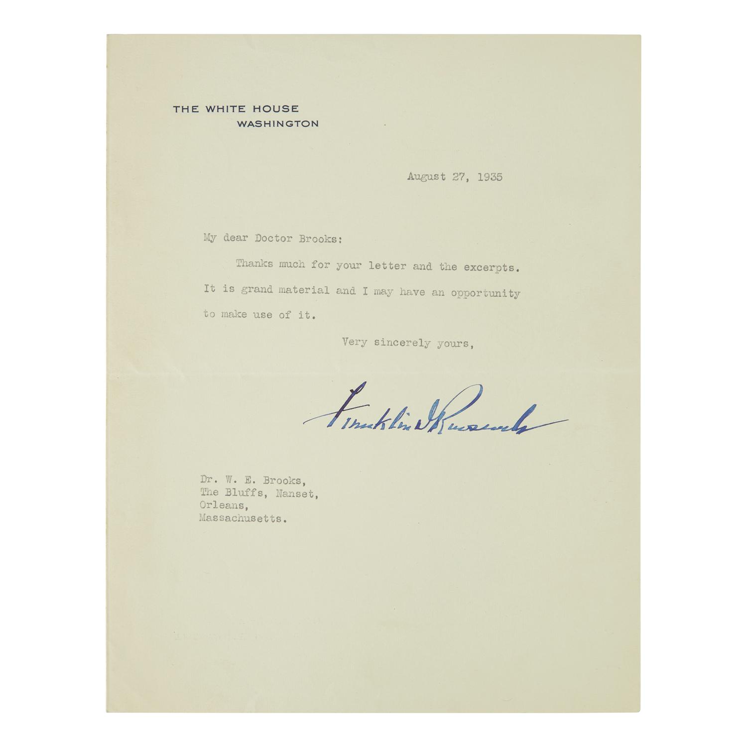 [Presidential] Roosevelt, Franklin D. Group of Three Typed Letters, signed
