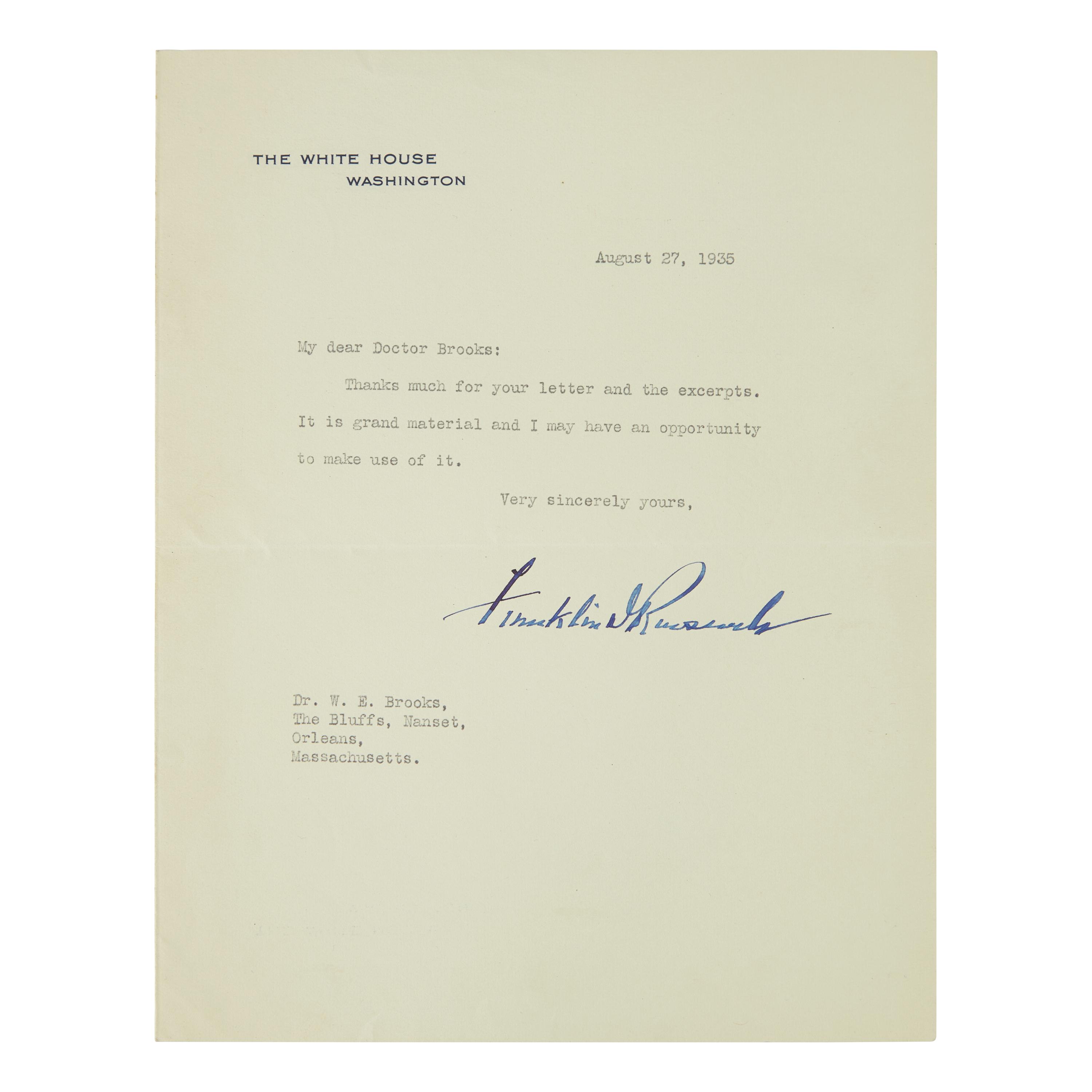 [Presidential] Roosevelt, Franklin D. Group of Three Typed Letters, signed