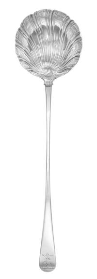 A George III Silver Ladle, Mark of Thomas Ellis, London, 1767, having a rocaille decorated bowl, the handle with a downturned end with