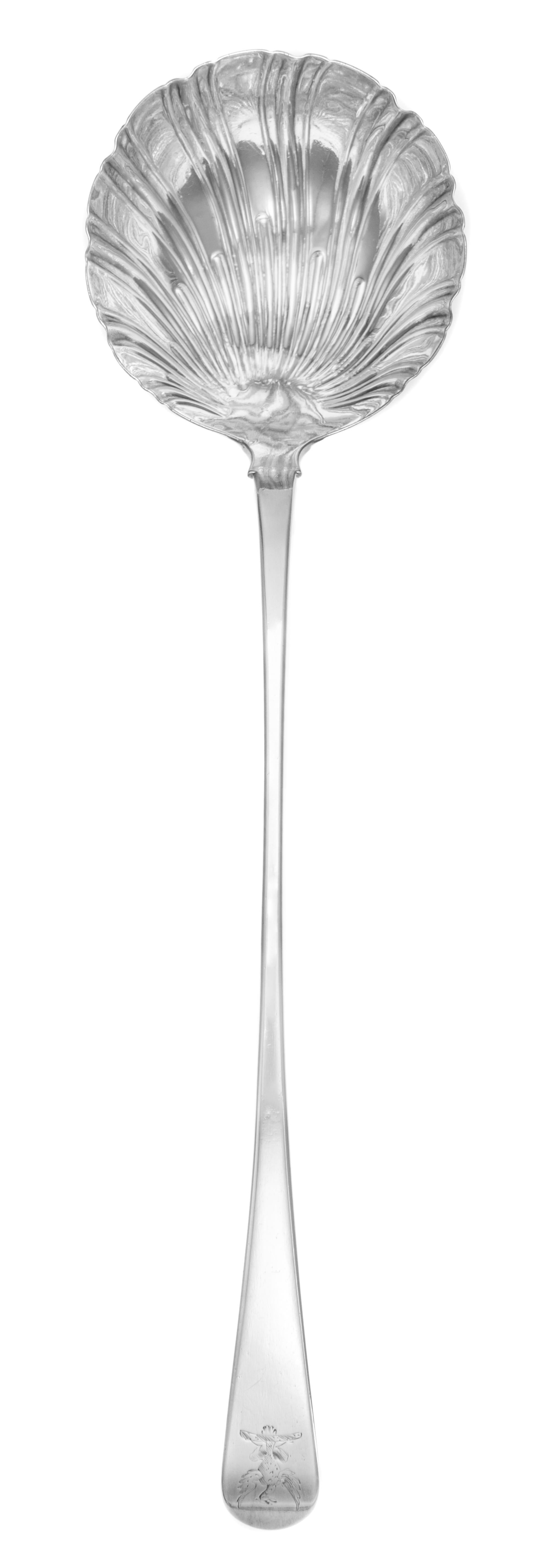 A George III Silver Ladle, Mark of Thomas Ellis, London, 1767, having a rocaille decorated bowl, the handle with a downturned end with