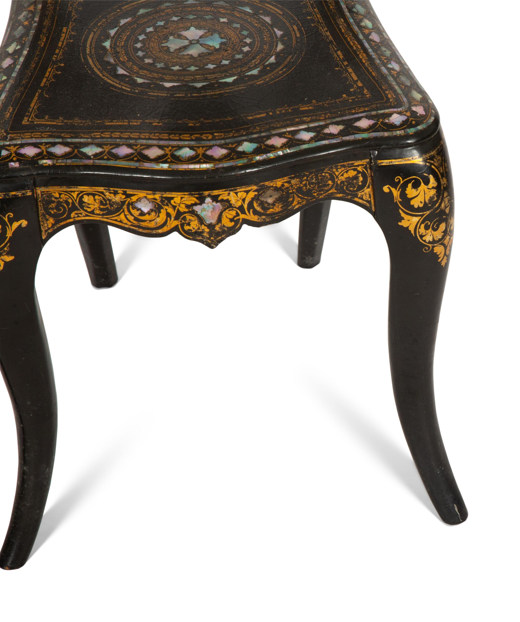 A Pair of Victorian Mother-of-Pearl Inlaid Black Lacquer Side Chairs