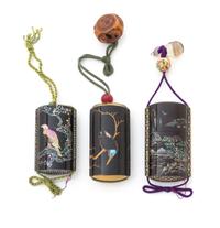 Three Abalone Inlaid Black Lacquer Four-Case Inros Height of largest 3 3/4 inches.