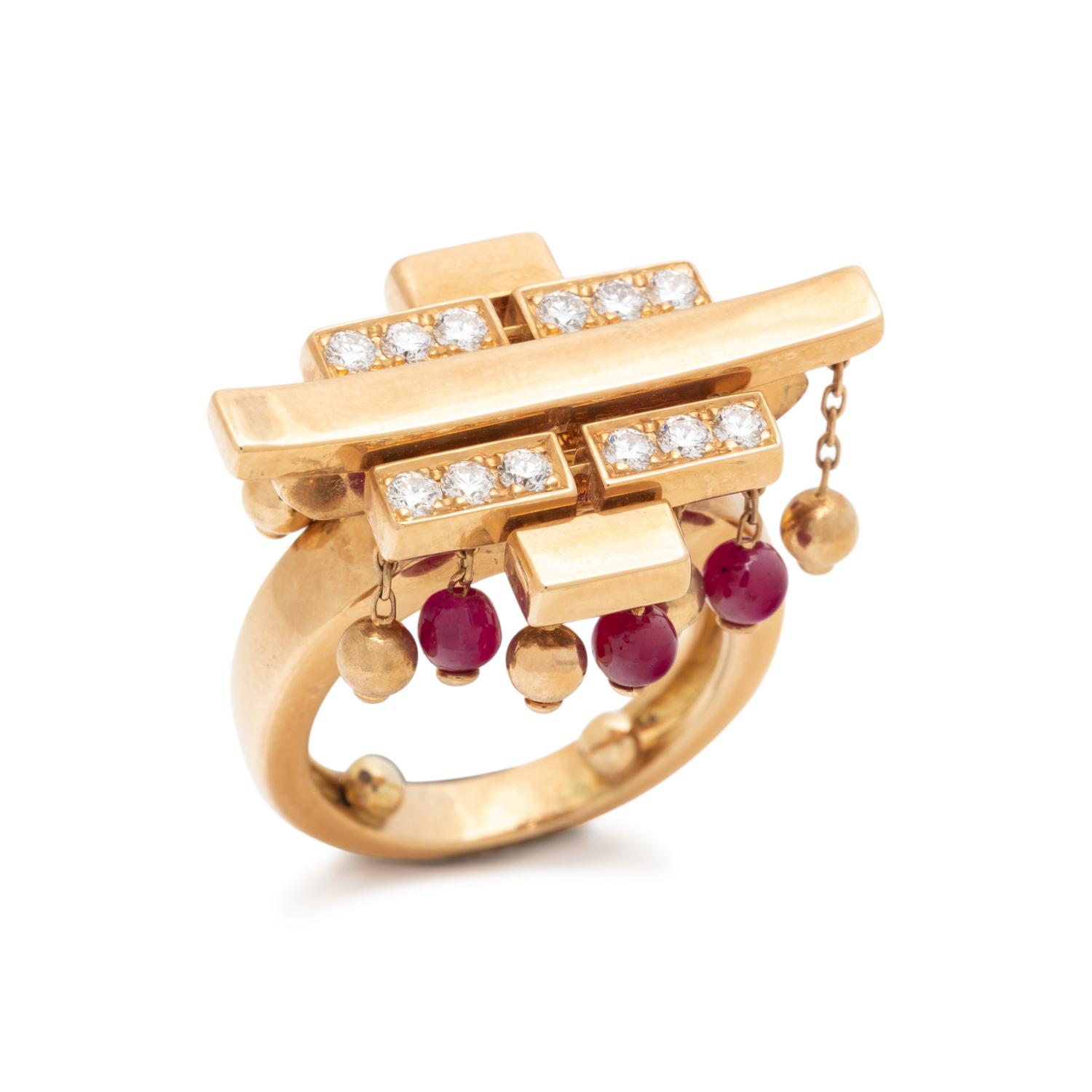 CARTIER, YELLOW GOLD, DIAMOND AND RUBY 'LE BAISER DU DRAGON' RING