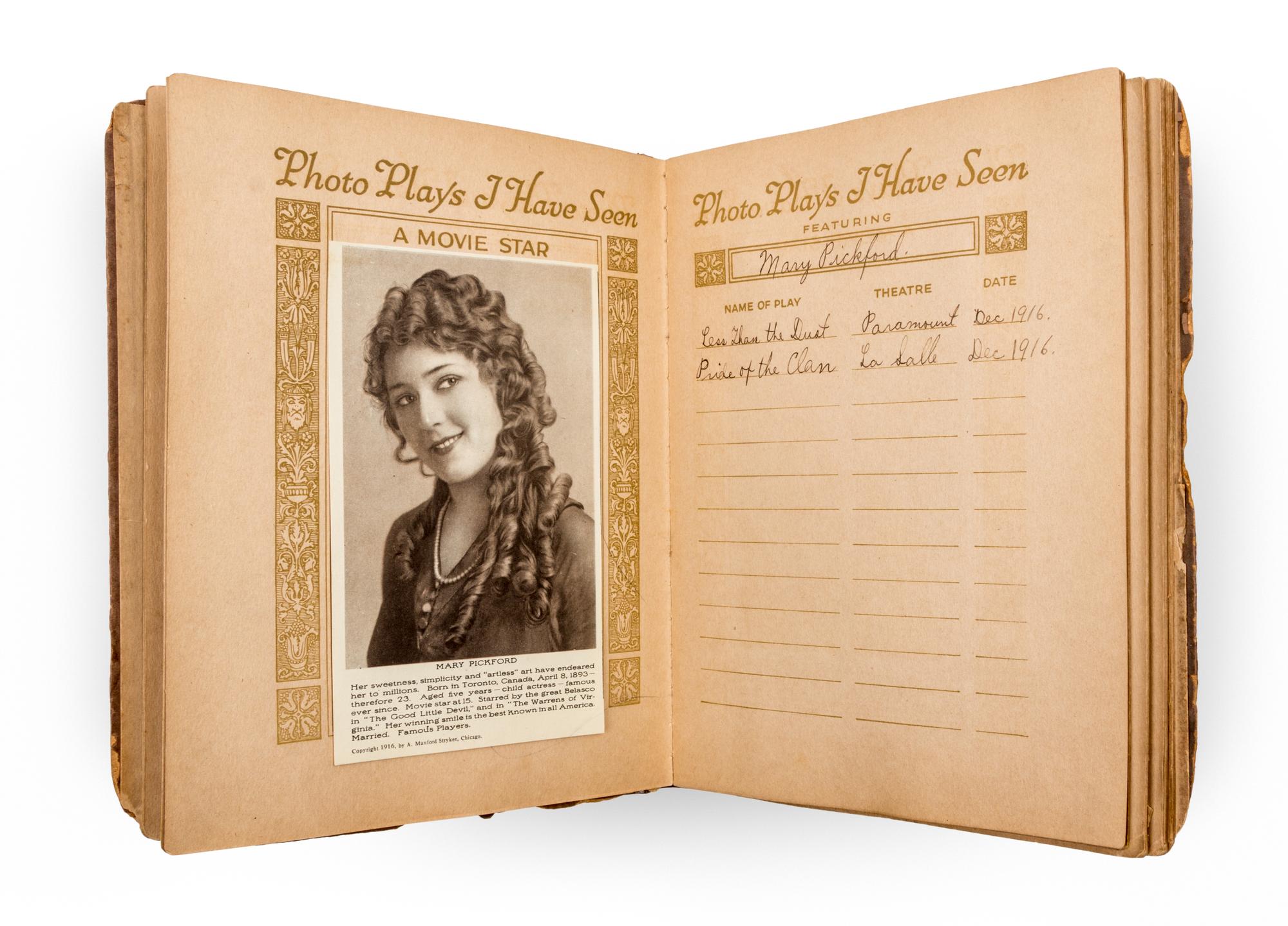 (EARLY CINEMA) Scrapbook containing photo reproductions of famous film stars of the early 20th century. Chicago, 1915