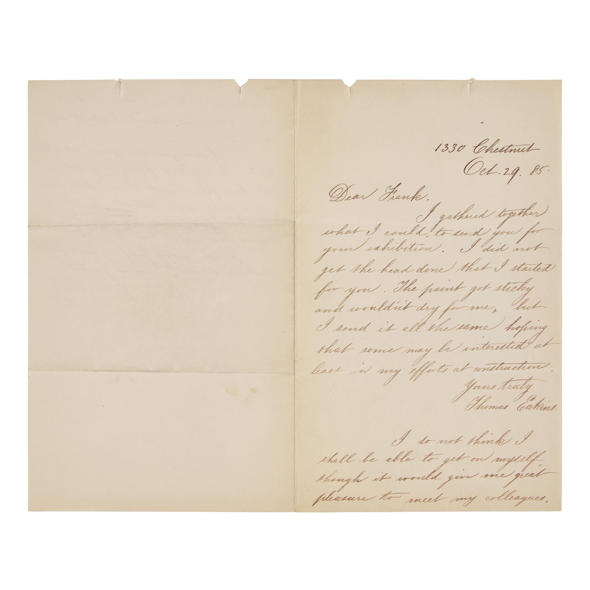 [Art] Eakins, Thomas. Autograph Letter, signed and initialed