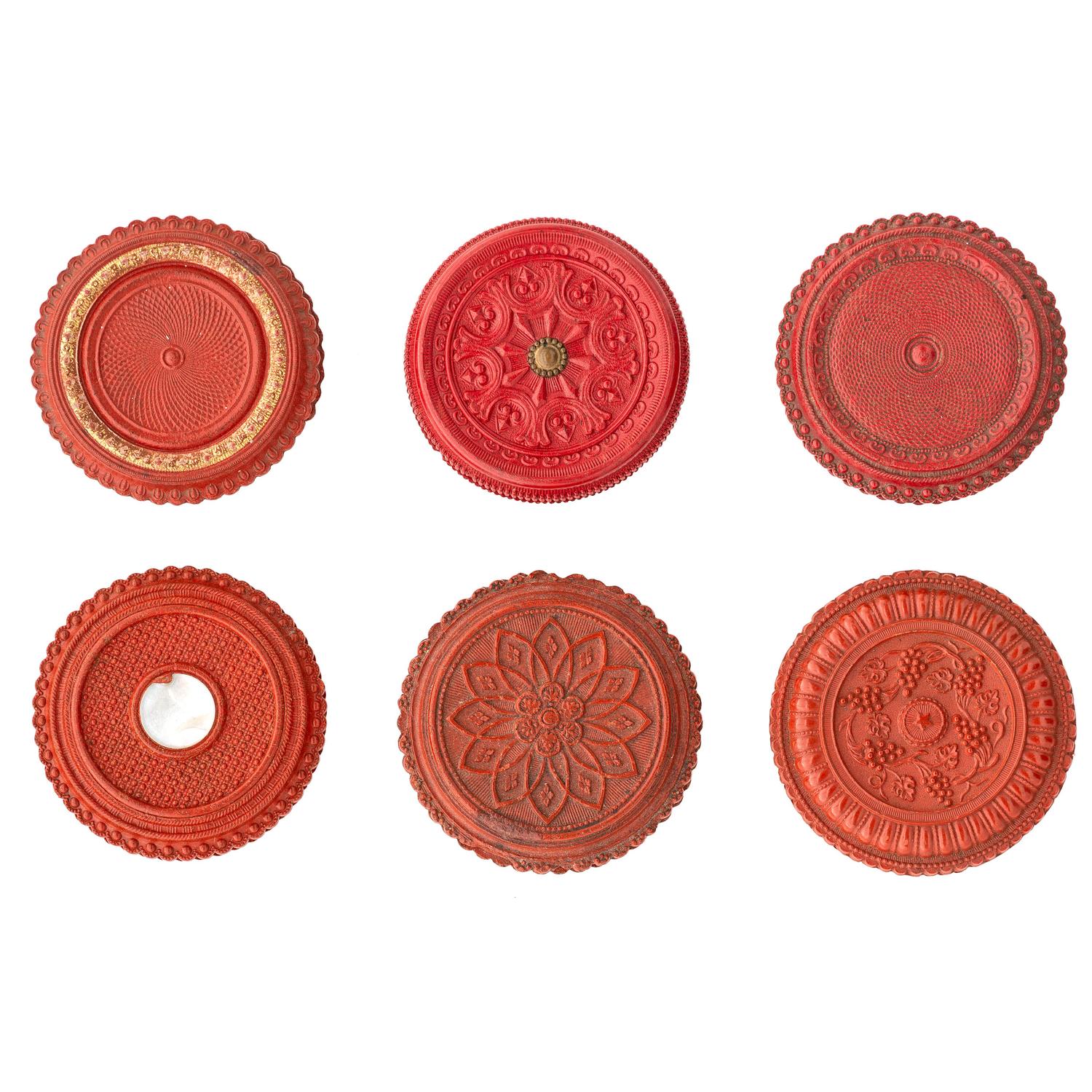 [EARLY PHOTOGRAPHY - UNION CASES]. A group of 6 assorted red "oreo" union cases, highlighted by very very rare floral example, including: