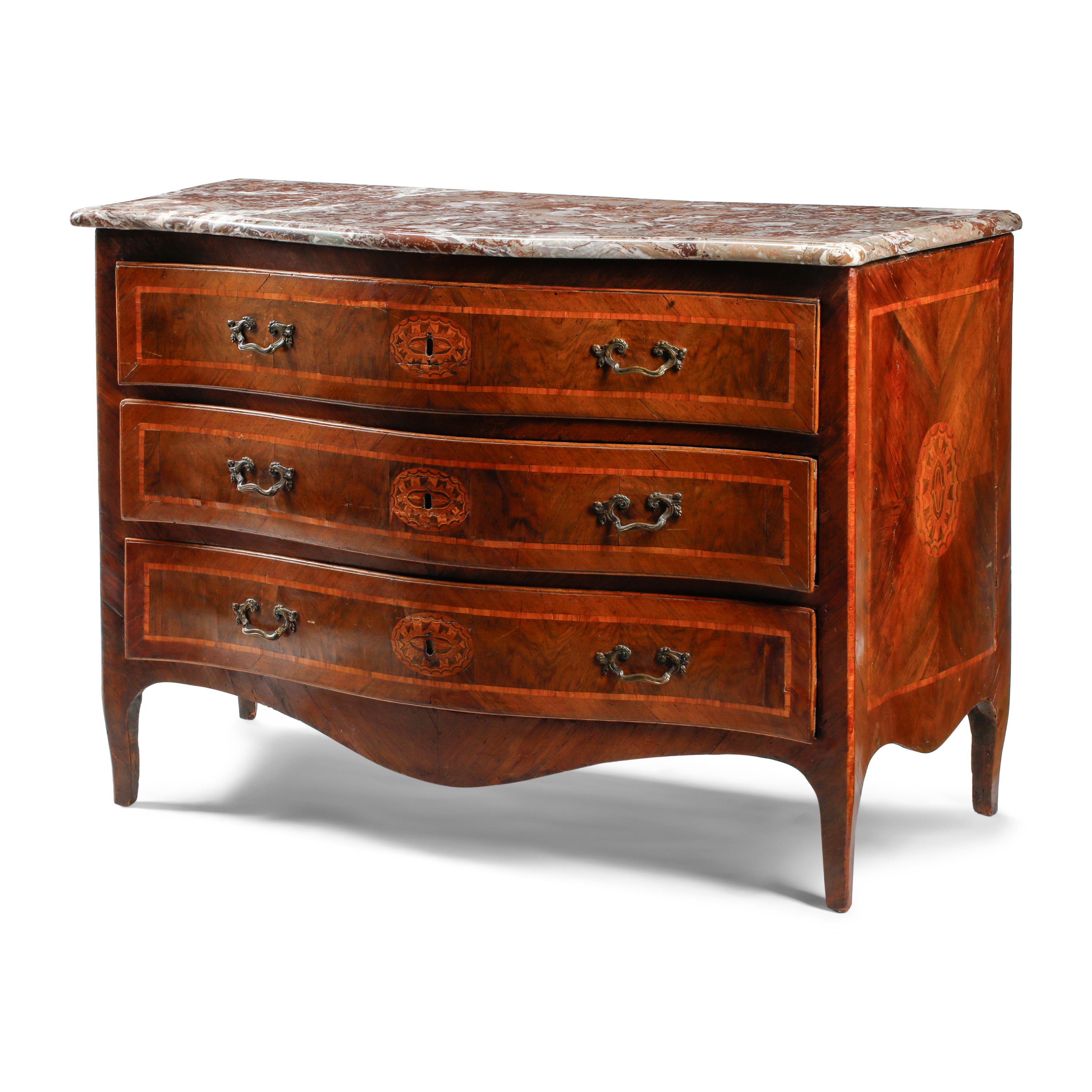 An Italian Walnut and Marquetry Marble-Top Commode