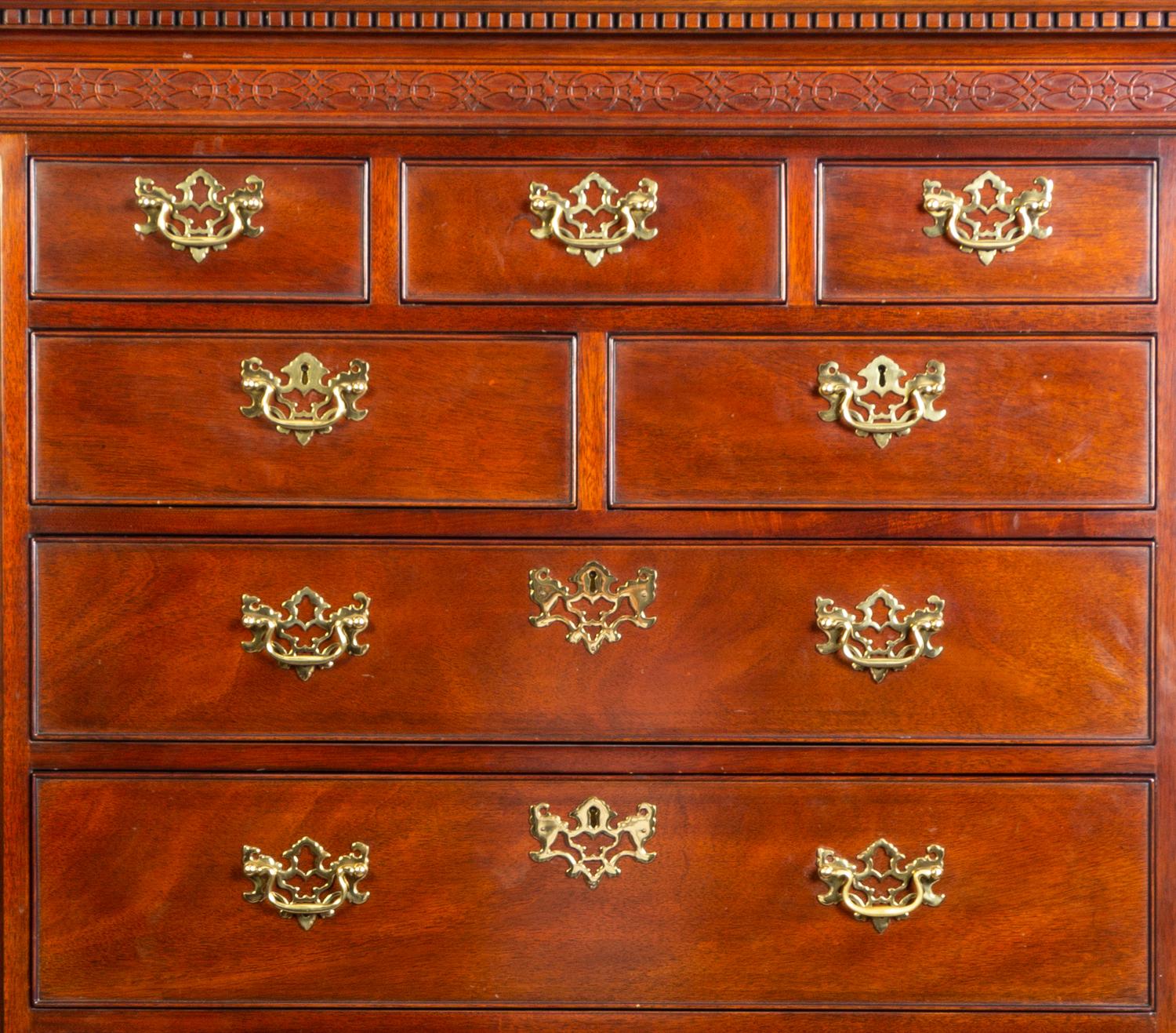 An American Chinese Chippendale Style Carved Mahogany Chest on Chest