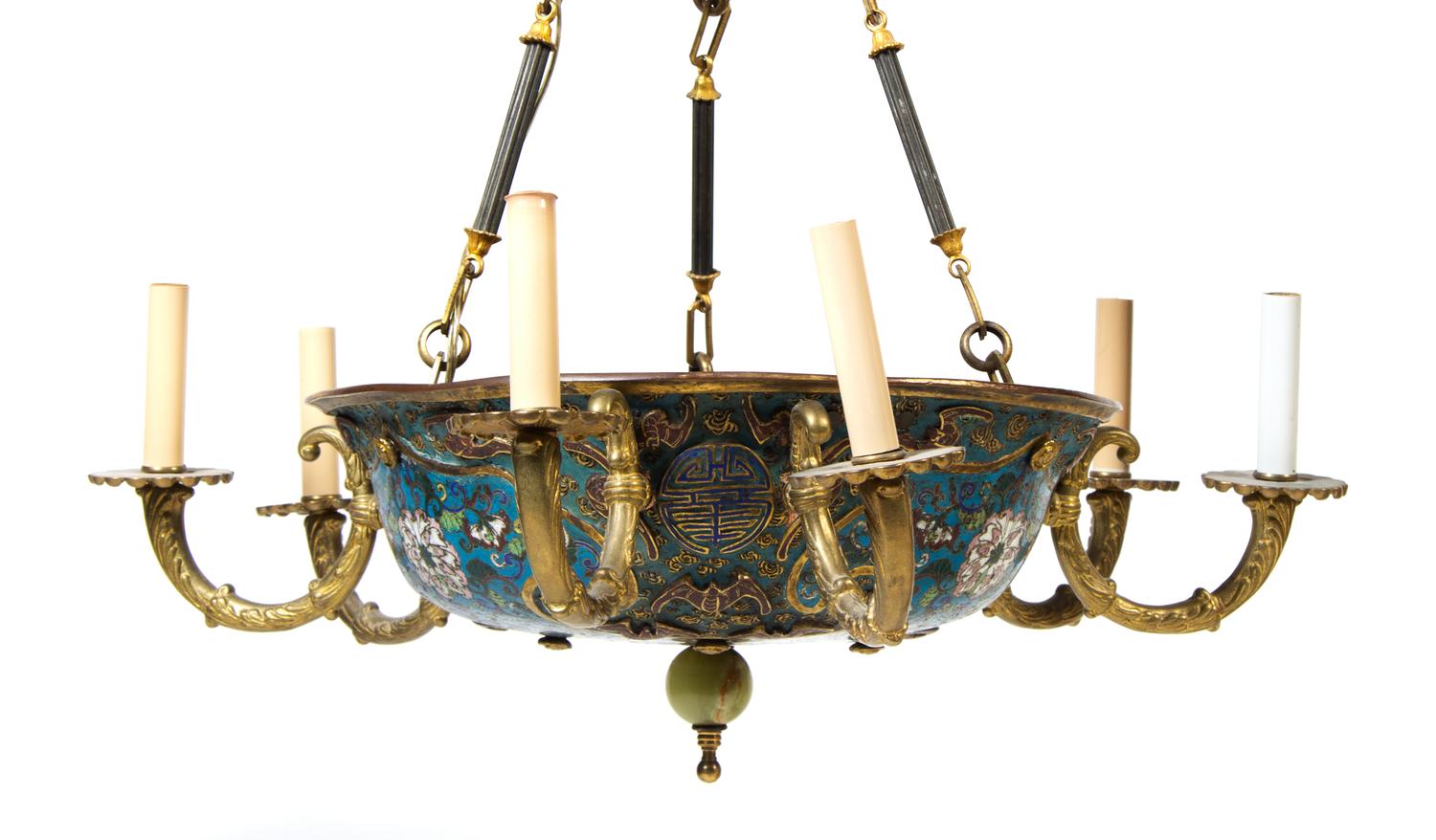 A Gilt Metal and Cloisonne Six-Light Chandelier Diameter 27 inches. — LATE 19TH/EARLY 20TH CENTURY