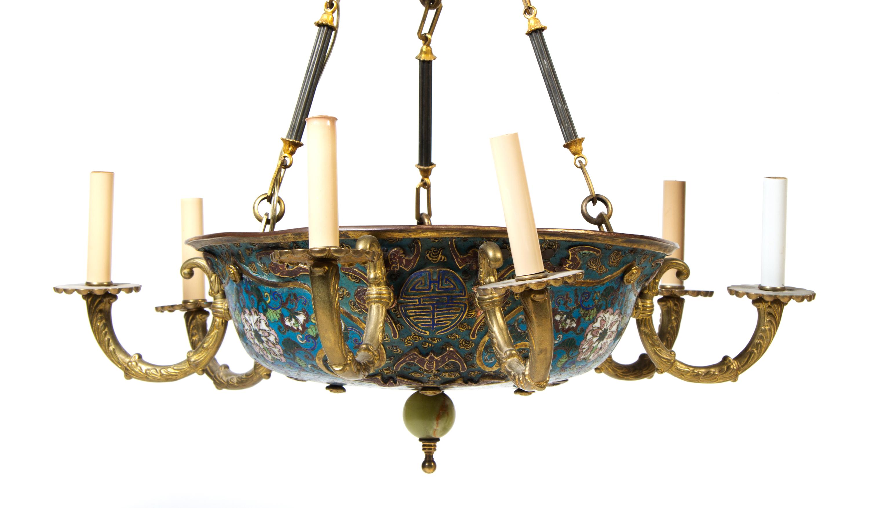 A Gilt Metal and Cloisonne Six-Light Chandelier Diameter 27 inches. — LATE 19TH/EARLY 20TH CENTURY