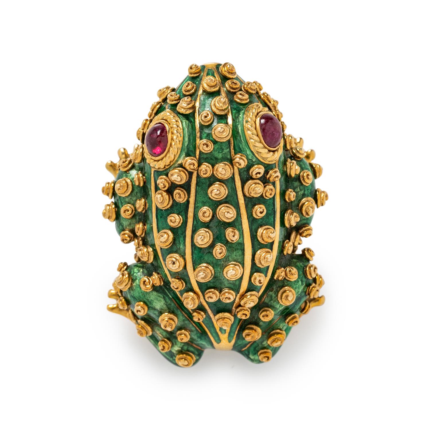 DAVID WEBB, YELLOW GOLD, RUBY, AND ENAMEL TOAD BROOCH