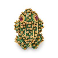 DAVID WEBB, YELLOW GOLD, RUBY, AND ENAMEL TOAD BROOCH