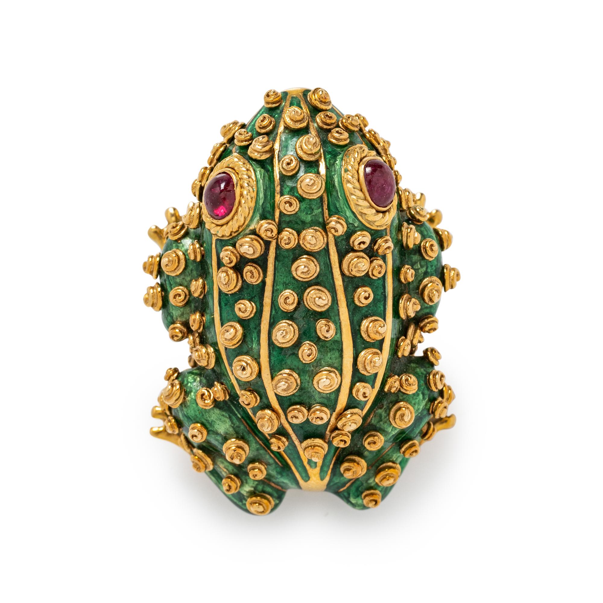 DAVID WEBB, YELLOW GOLD, RUBY, AND ENAMEL TOAD BROOCH
