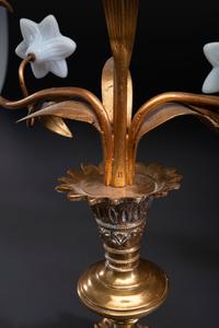 A Pair of French Gilt Metal and Opaline Glass Five-Light Floral Candelabra