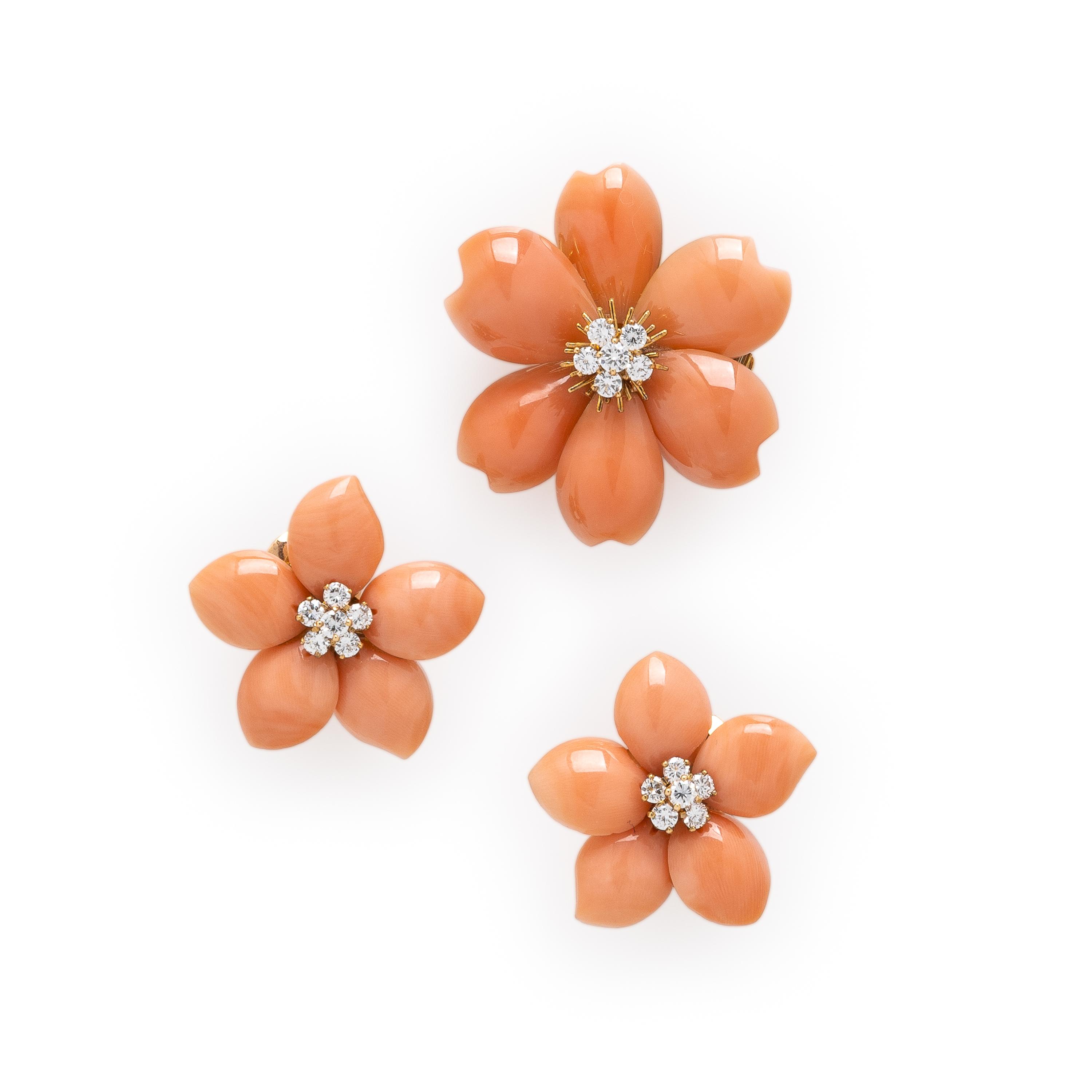 Van Cleef & Arpels, 'Rose de Noël', Coral and Diamond Brooch and Earrings