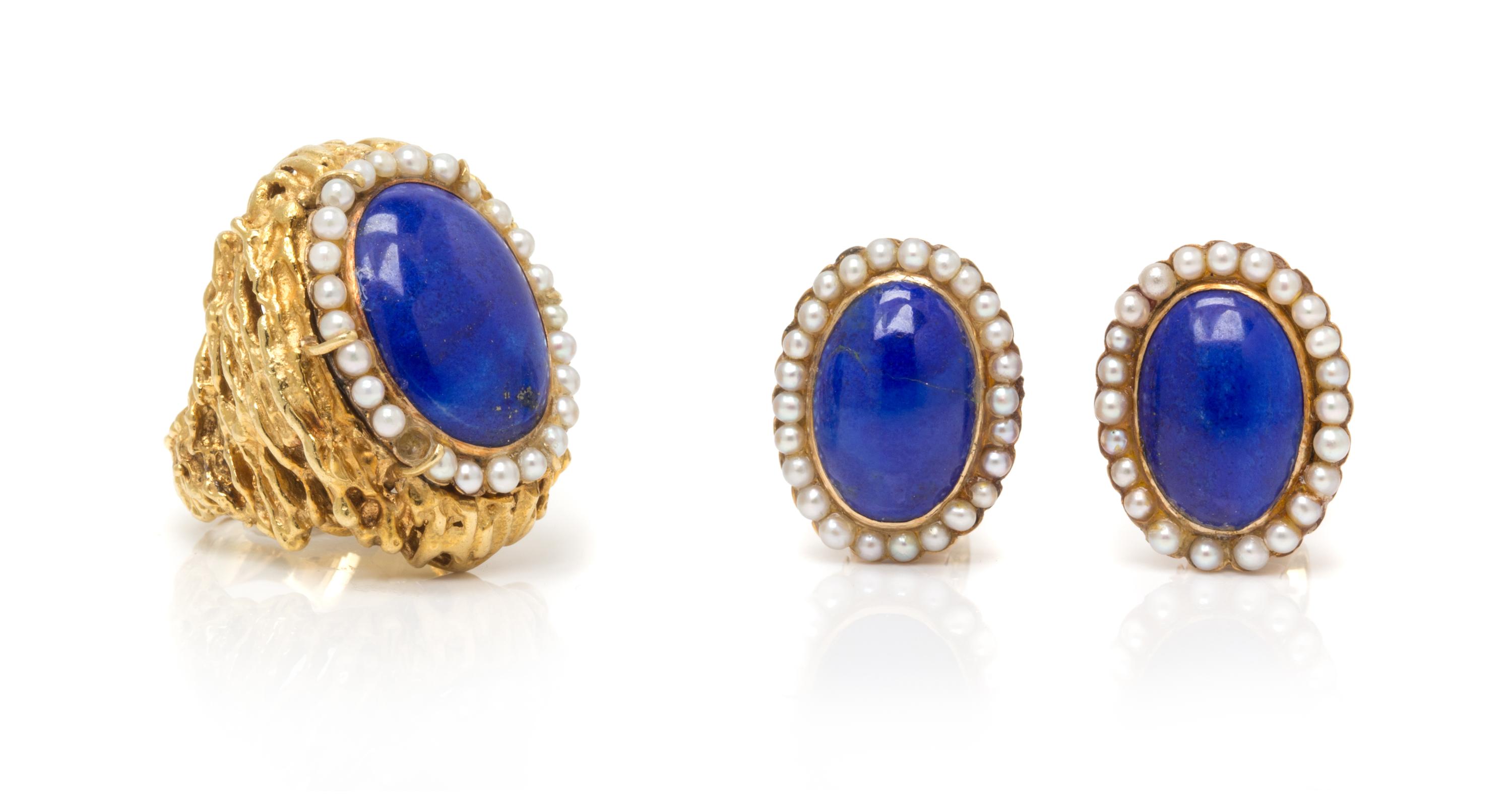 A Yellow Gold, Lapis Lazuli and Seed Pearl Demi Parure, 22.00 dwts.