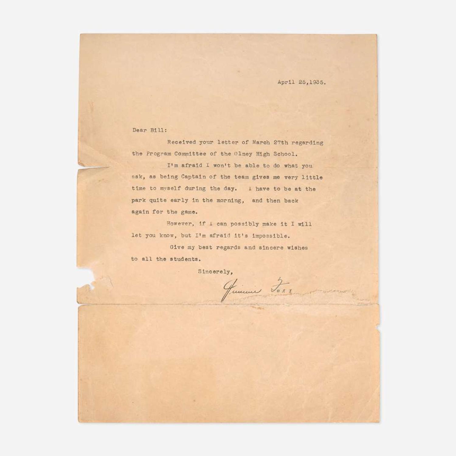 [Baseball] Foxx, Jimmie Typed Letter, signed