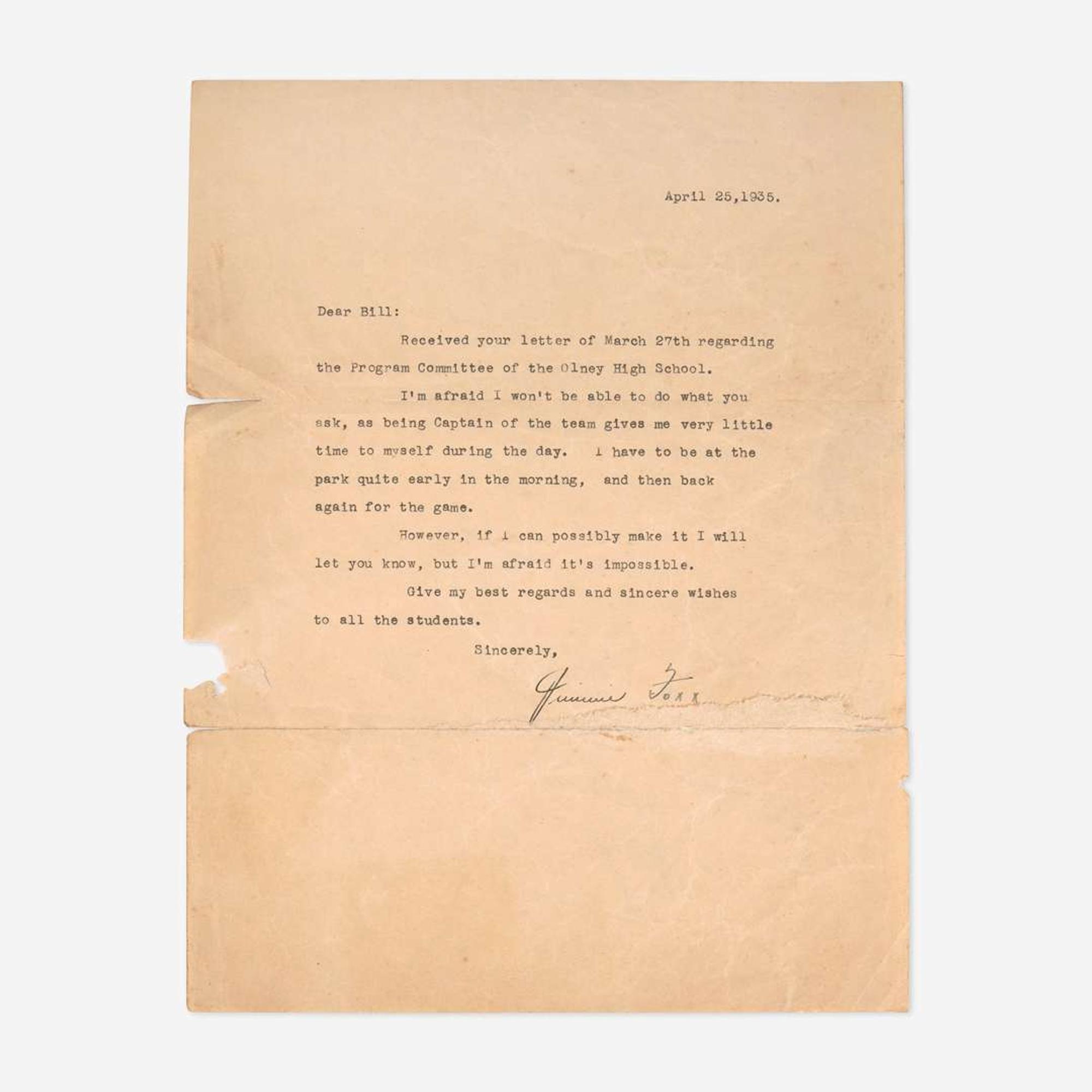 [Baseball] Foxx, Jimmie Typed Letter, signed