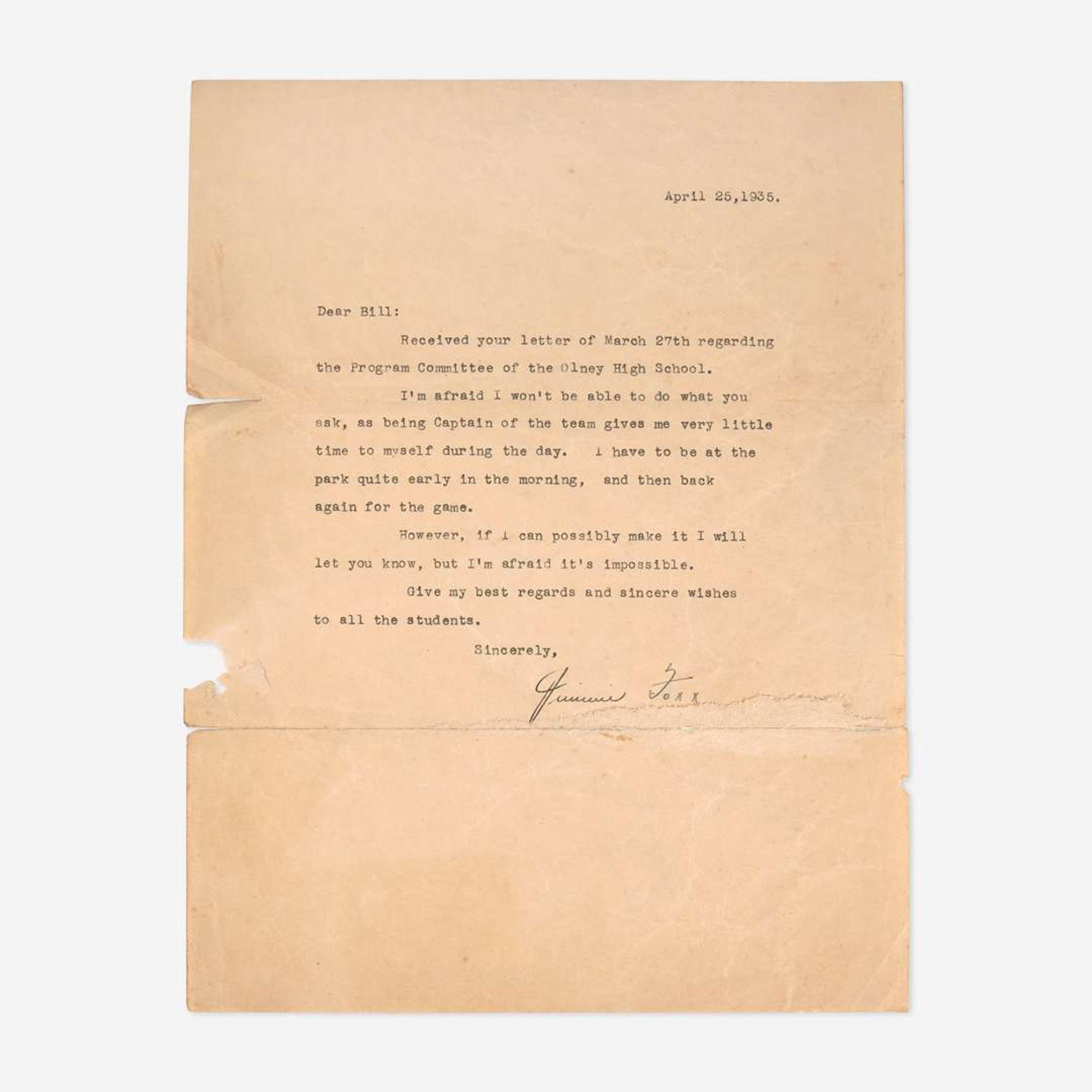[Baseball] Foxx, Jimmie Typed Letter, signed