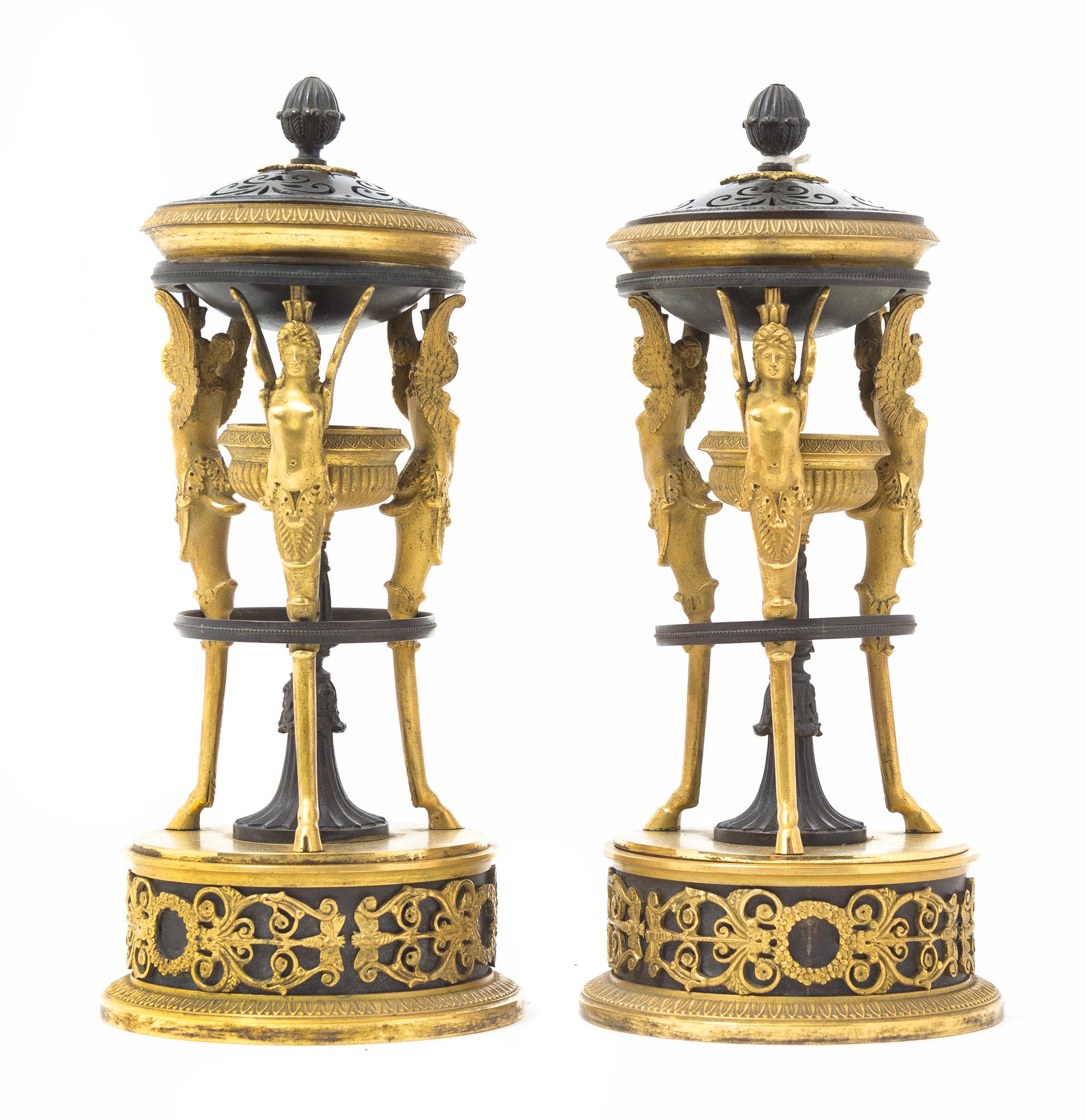 A Pair of Directoire Gilt and Patinated Bronze Brule Parfums — LATE 18TH CENTURY