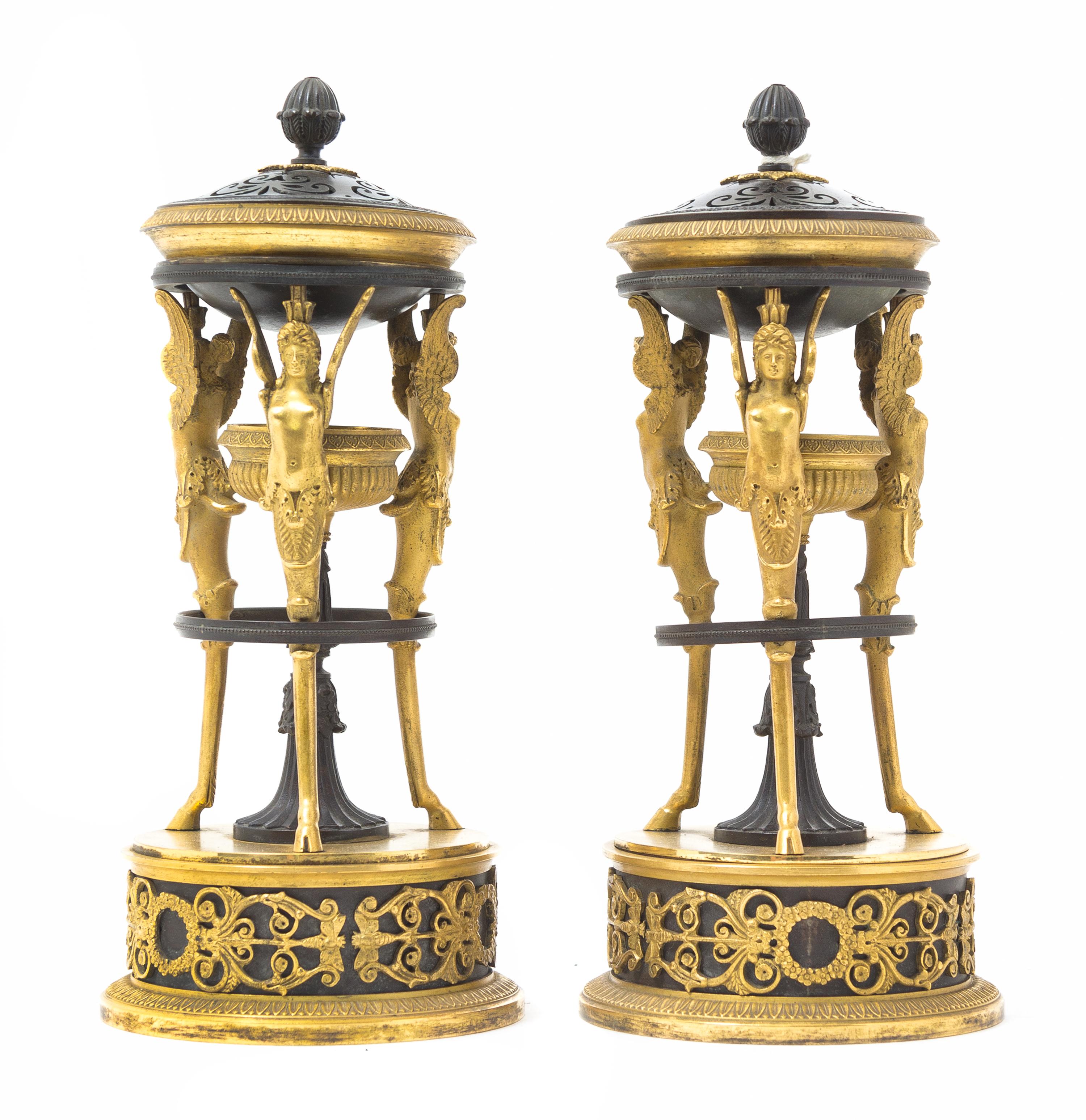 A Pair of Directoire Gilt and Patinated Bronze Brule Parfums — LATE 18TH CENTURY