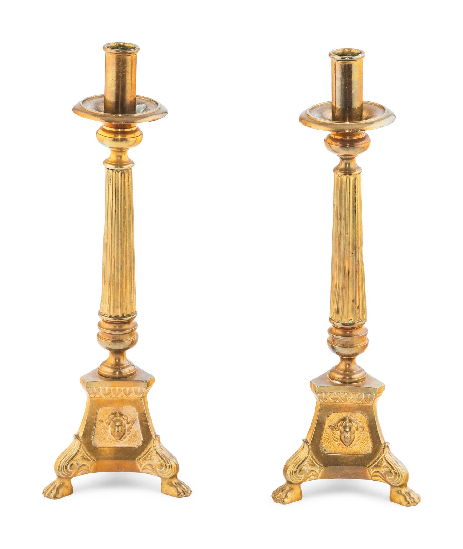 A Pair of French Neoclassical Gilt-Bronze Candlesticks