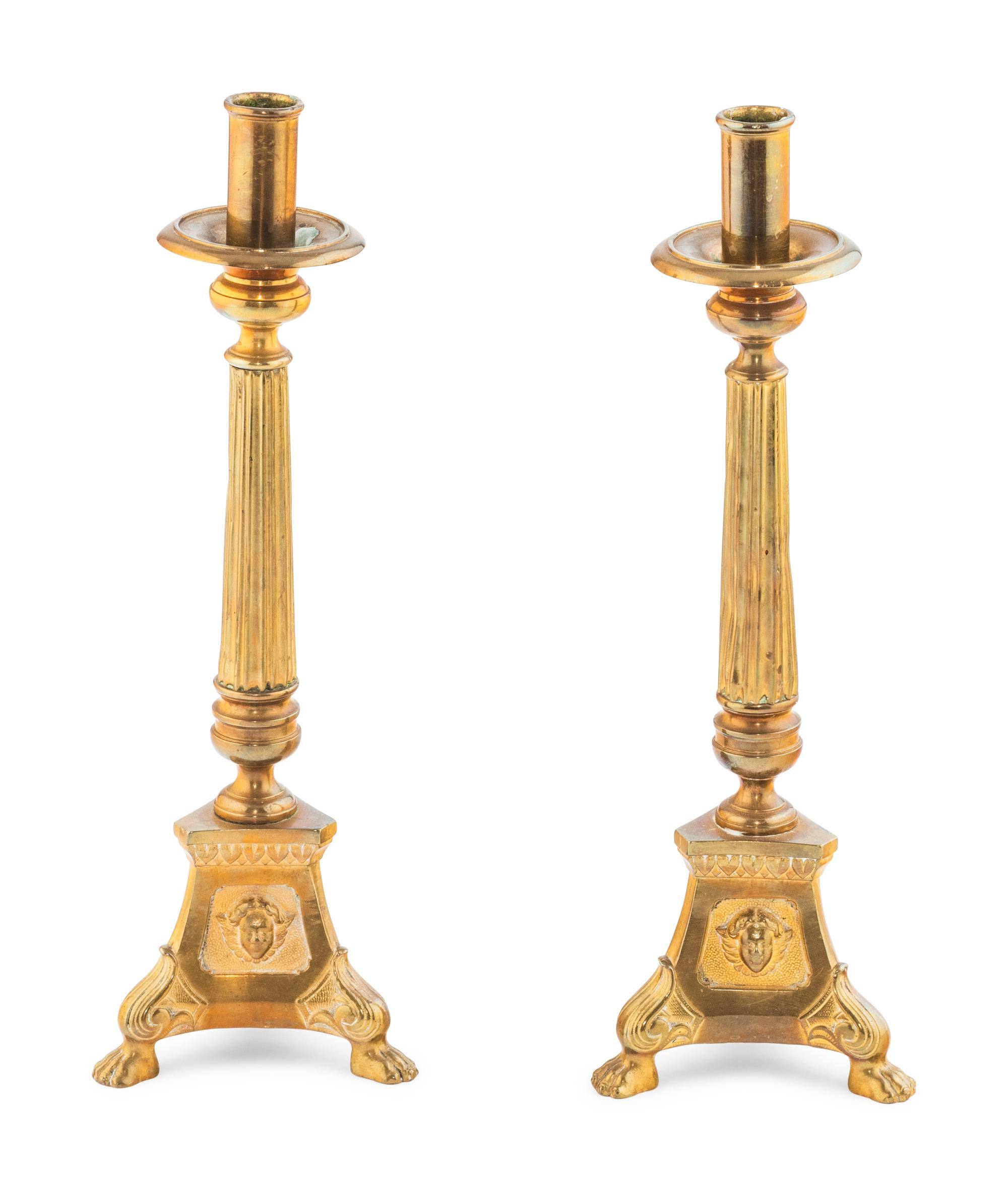 A Pair of French Neoclassical Gilt-Bronze Candlesticks