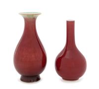 Two Chinese Sang-de-Boeuf Glazed Porcelain Bottle Vases Height of taller 7 inches. — 19TH-EARLY 20TH CENTURY