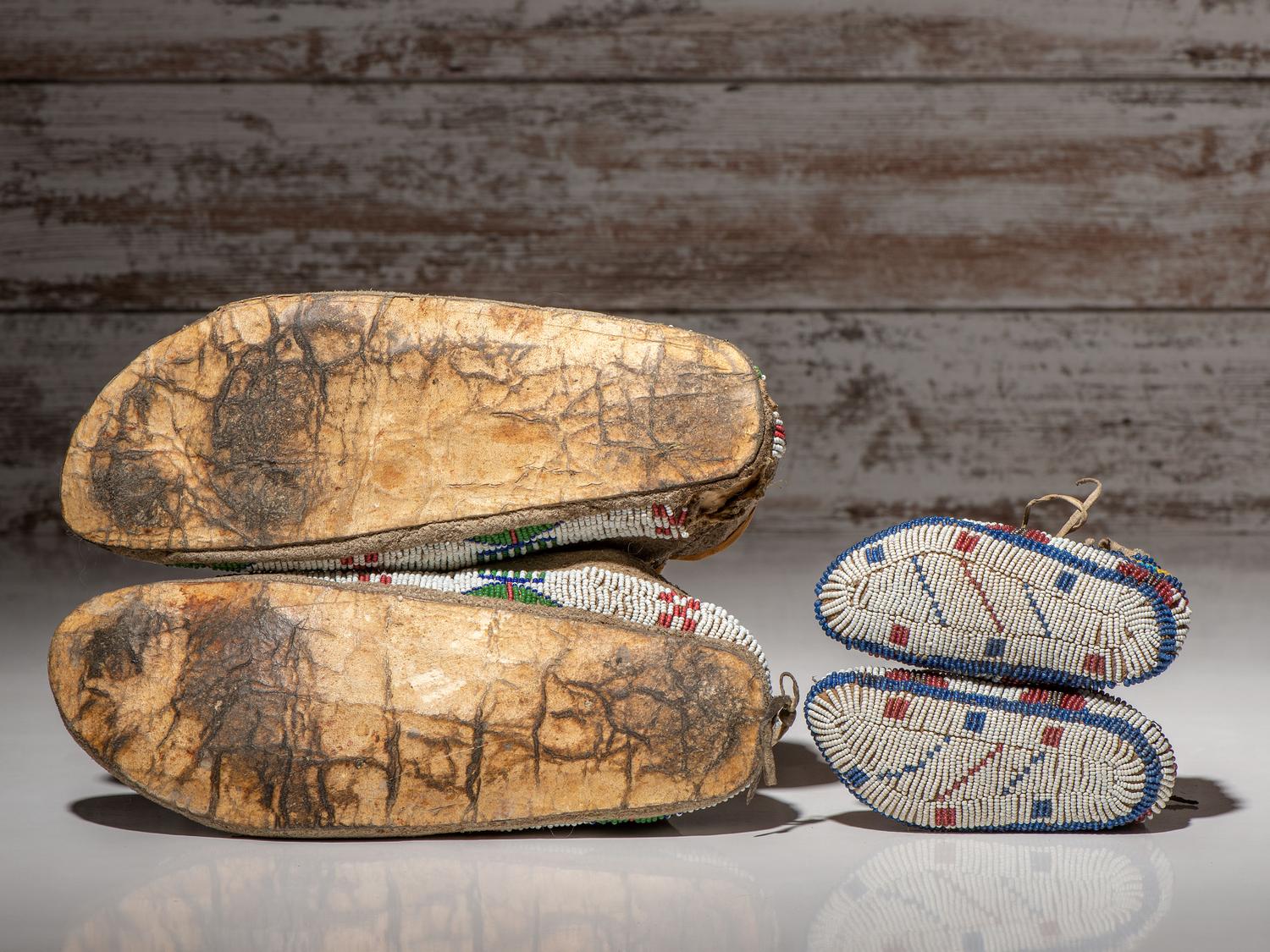 Sioux Beaded Hide Moccasins, with Fully Beaded Child's Pair