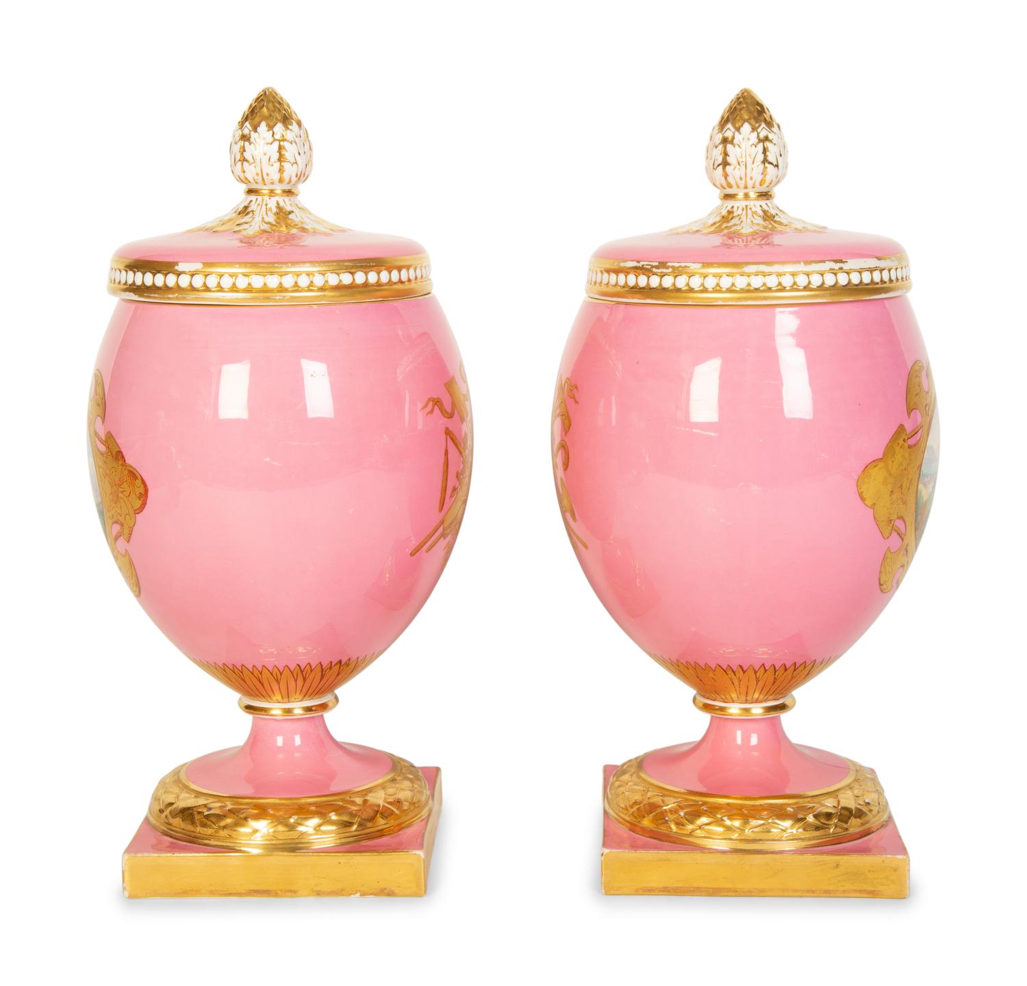 A Pair of English or Continental Porcelain Pink-Glazed Urns