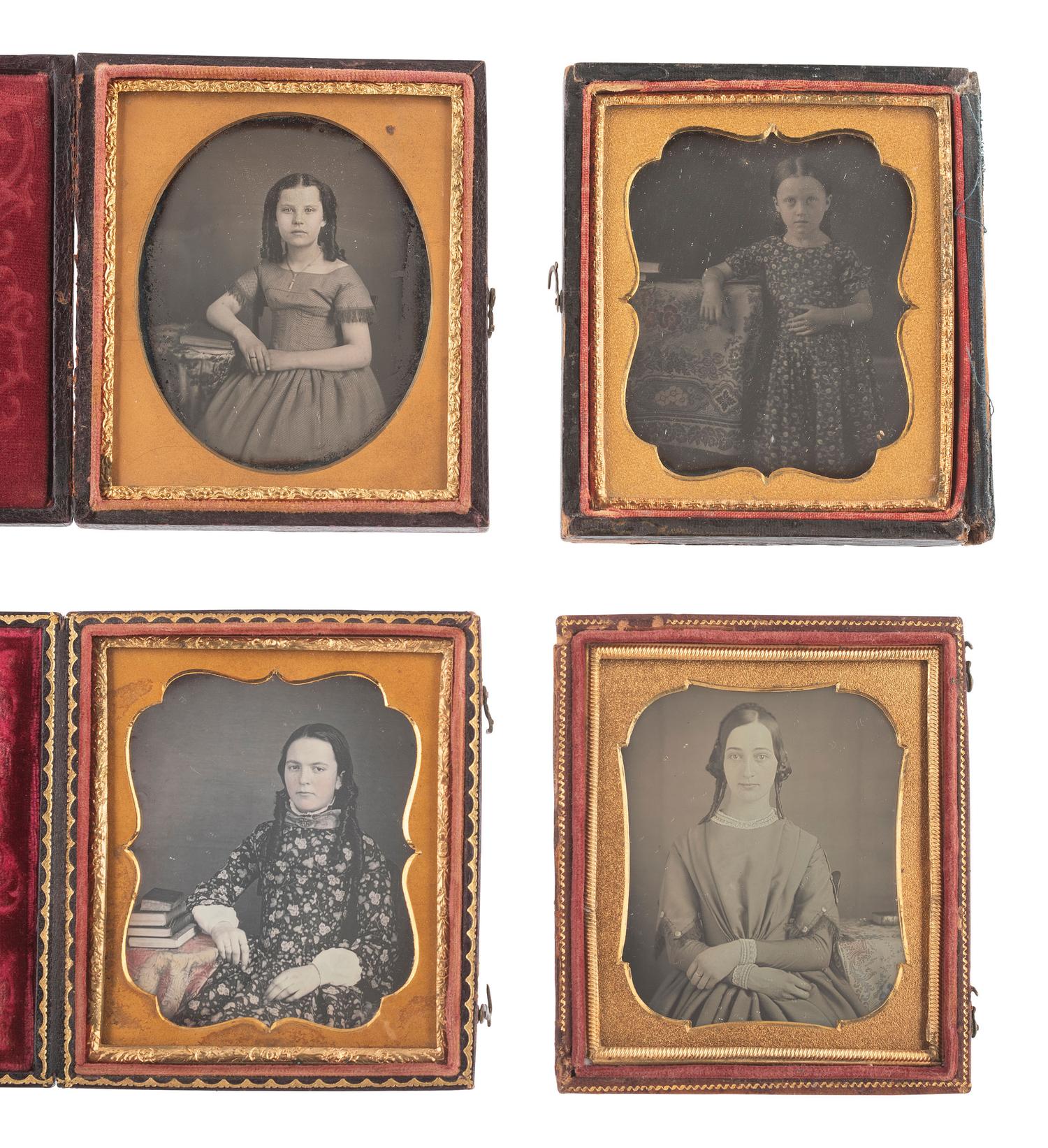 [EARLY PHOTOG] 16 sixth plate daguerreotypes of girls & young ladies posed with books & cased images