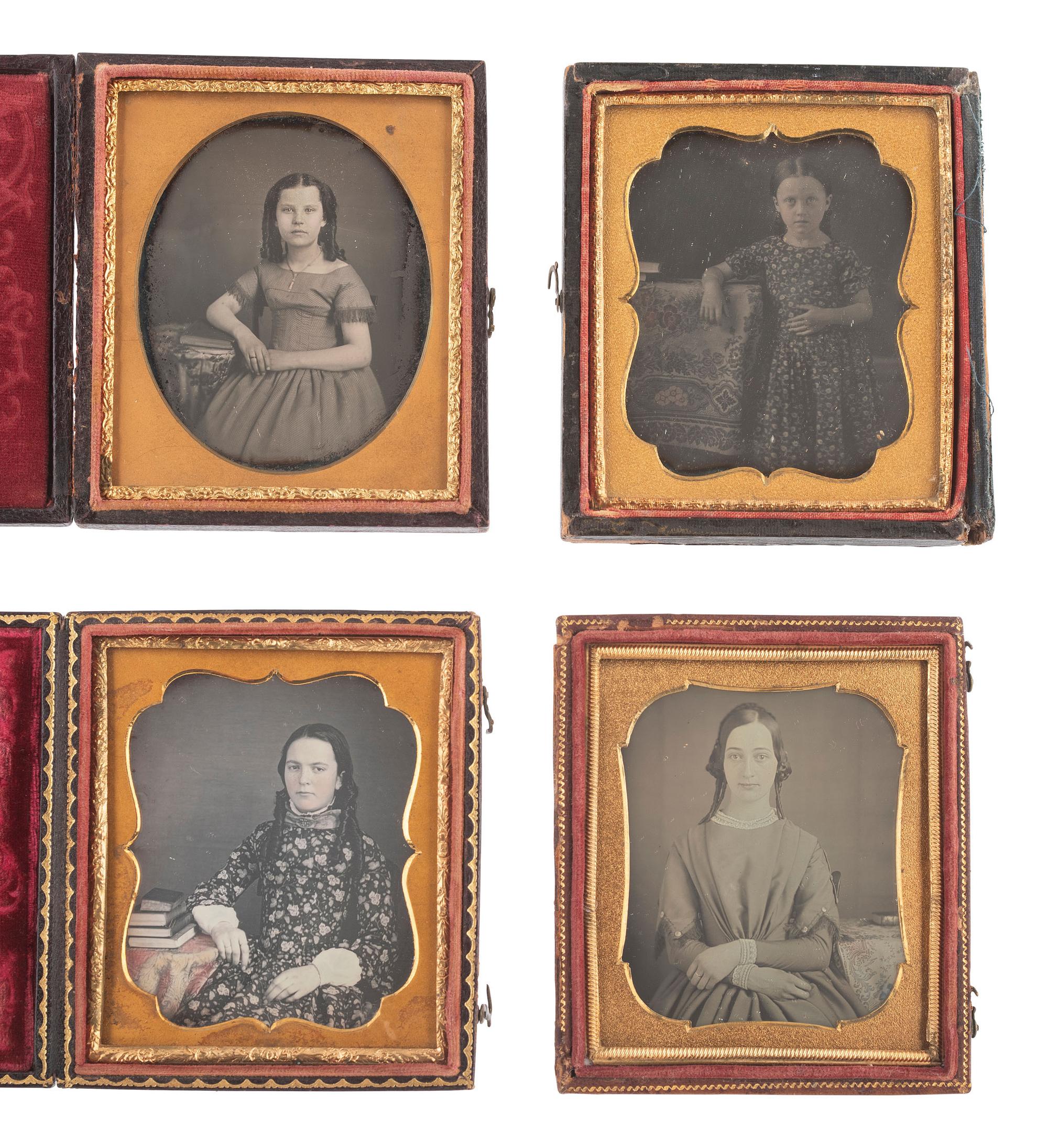 [EARLY PHOTOG] 16 sixth plate daguerreotypes of girls & young ladies posed with books & cased images